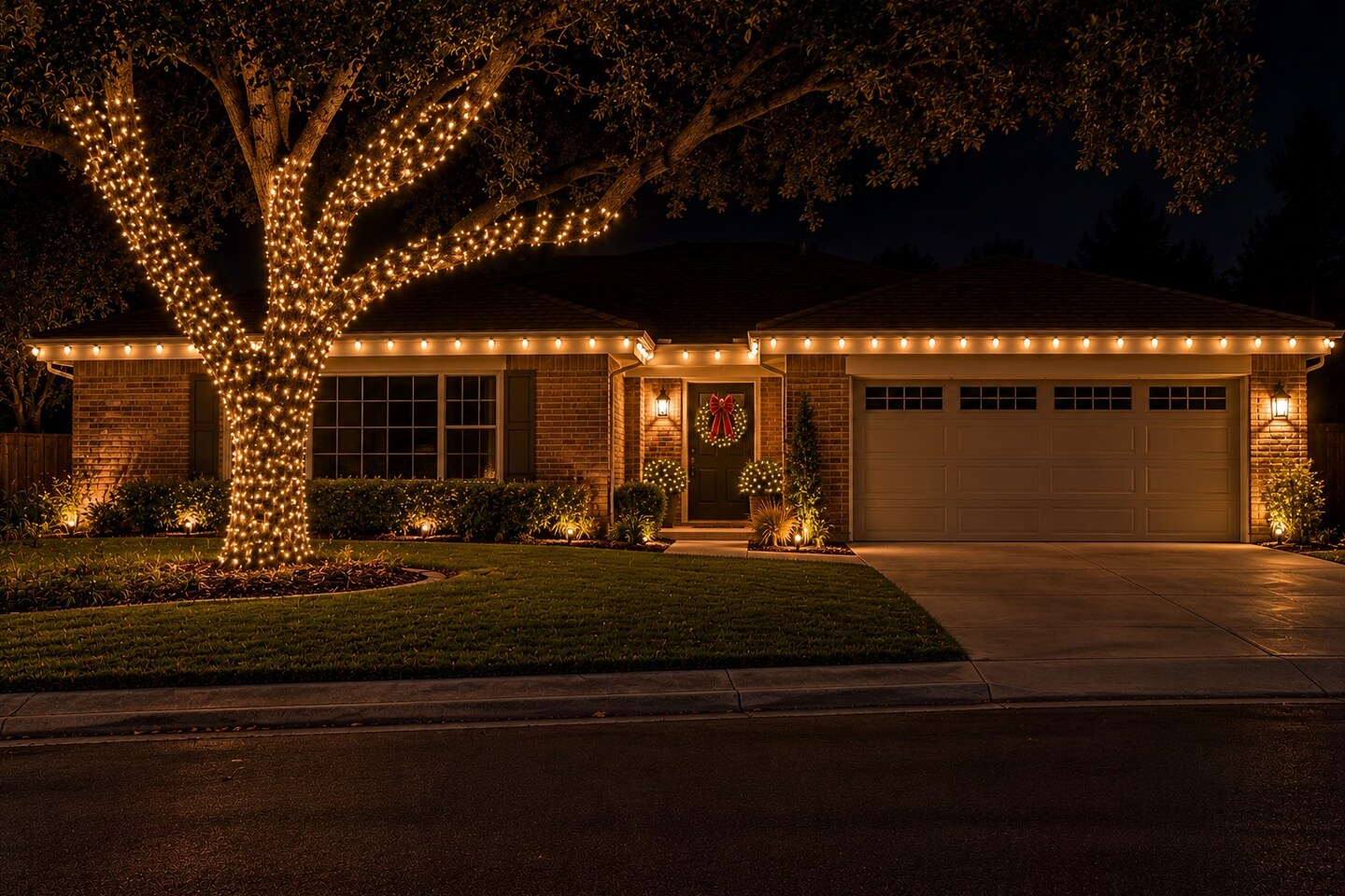 Christmas decorating service in Orangevale, CA: brick hip roof home oak wrap door wreath warm white