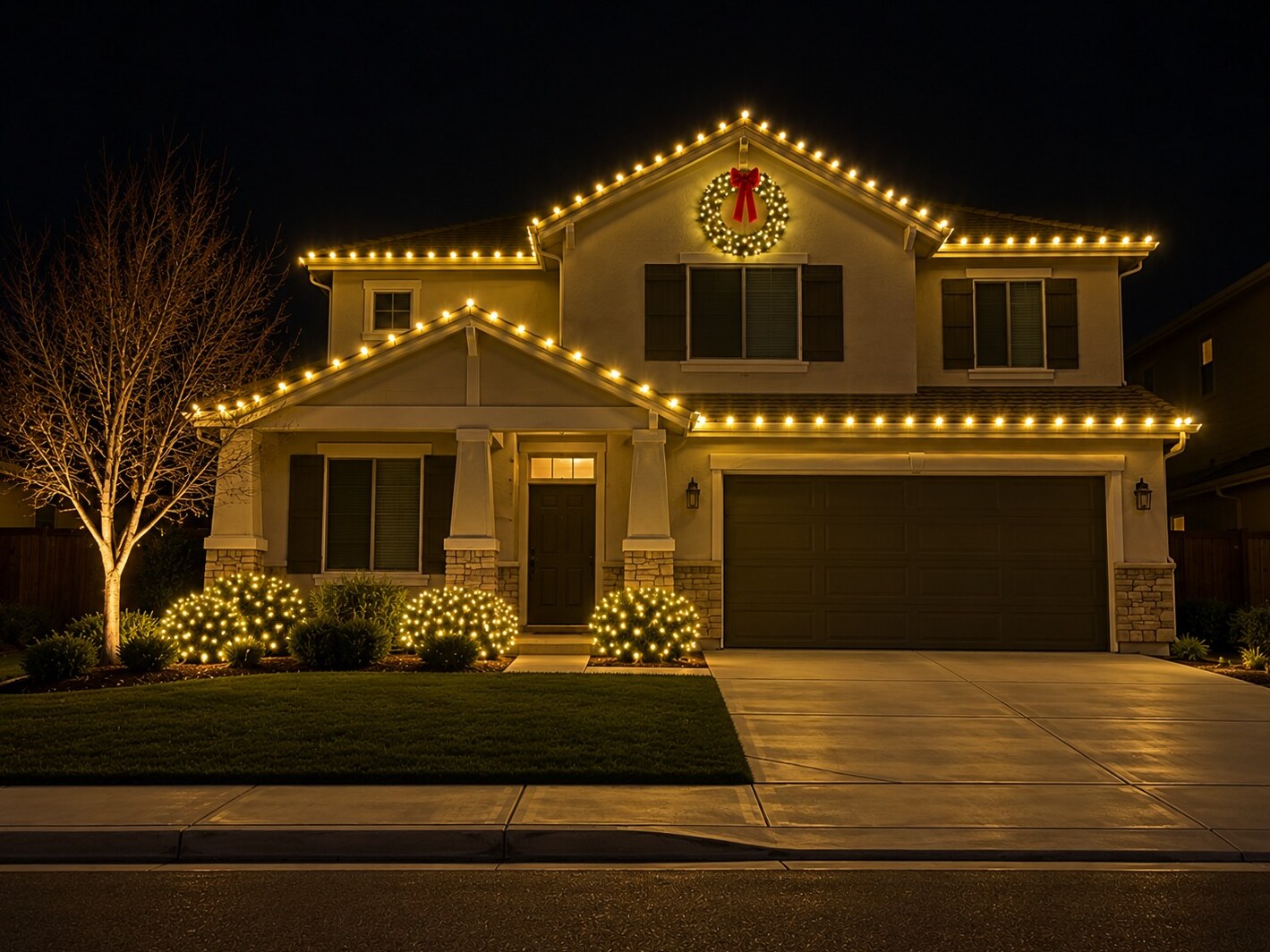 Christmas light company in Auburn, CA: double gable wreath c9 warm white