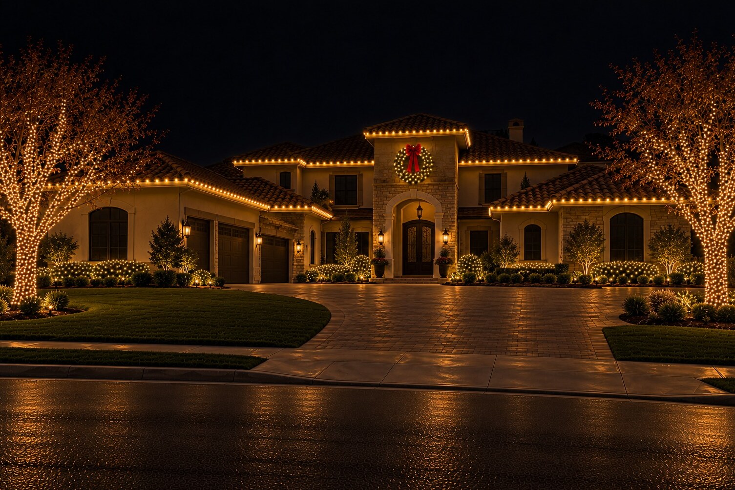 Christmas light company in Auburn, CA: grand tuscan tower wreath estate c9 warm white