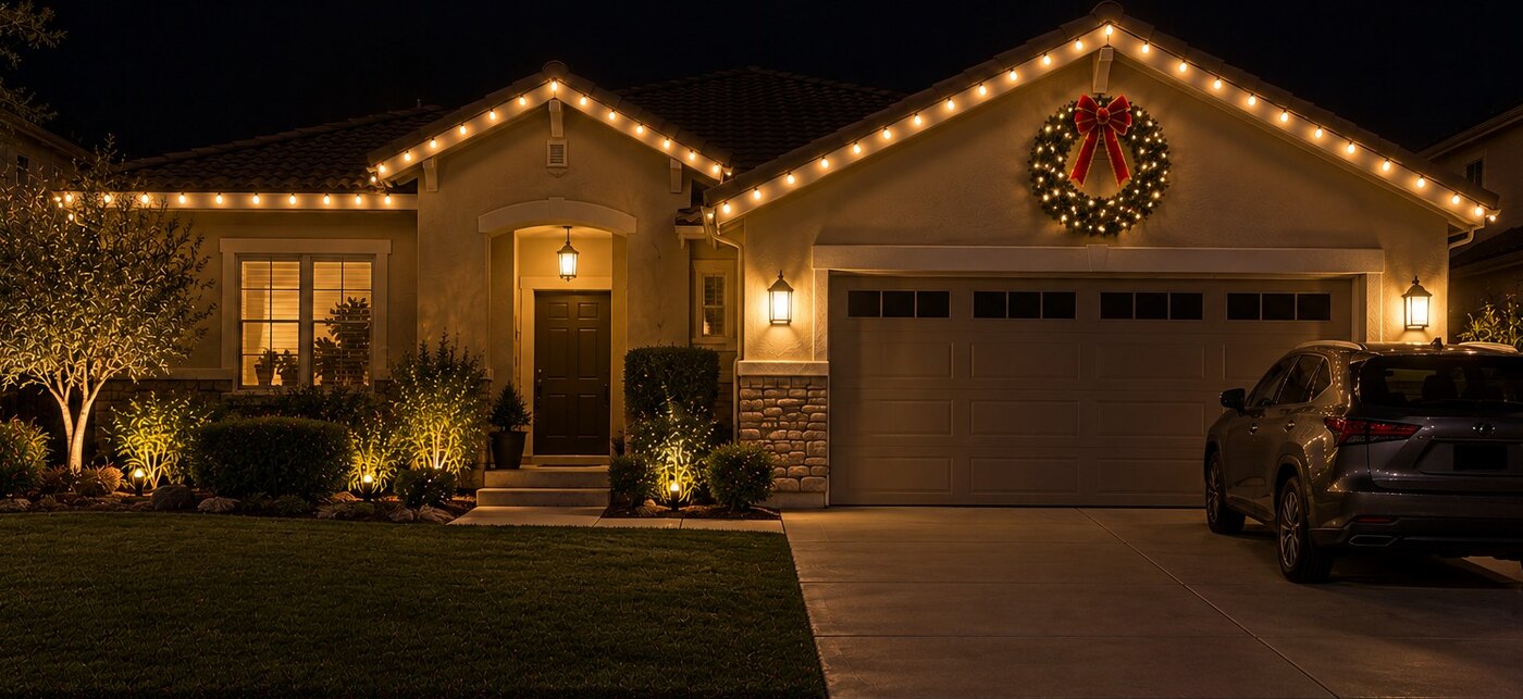 Christmas light company in Auburn, CA: single story tract home lit wreath on gable warm white