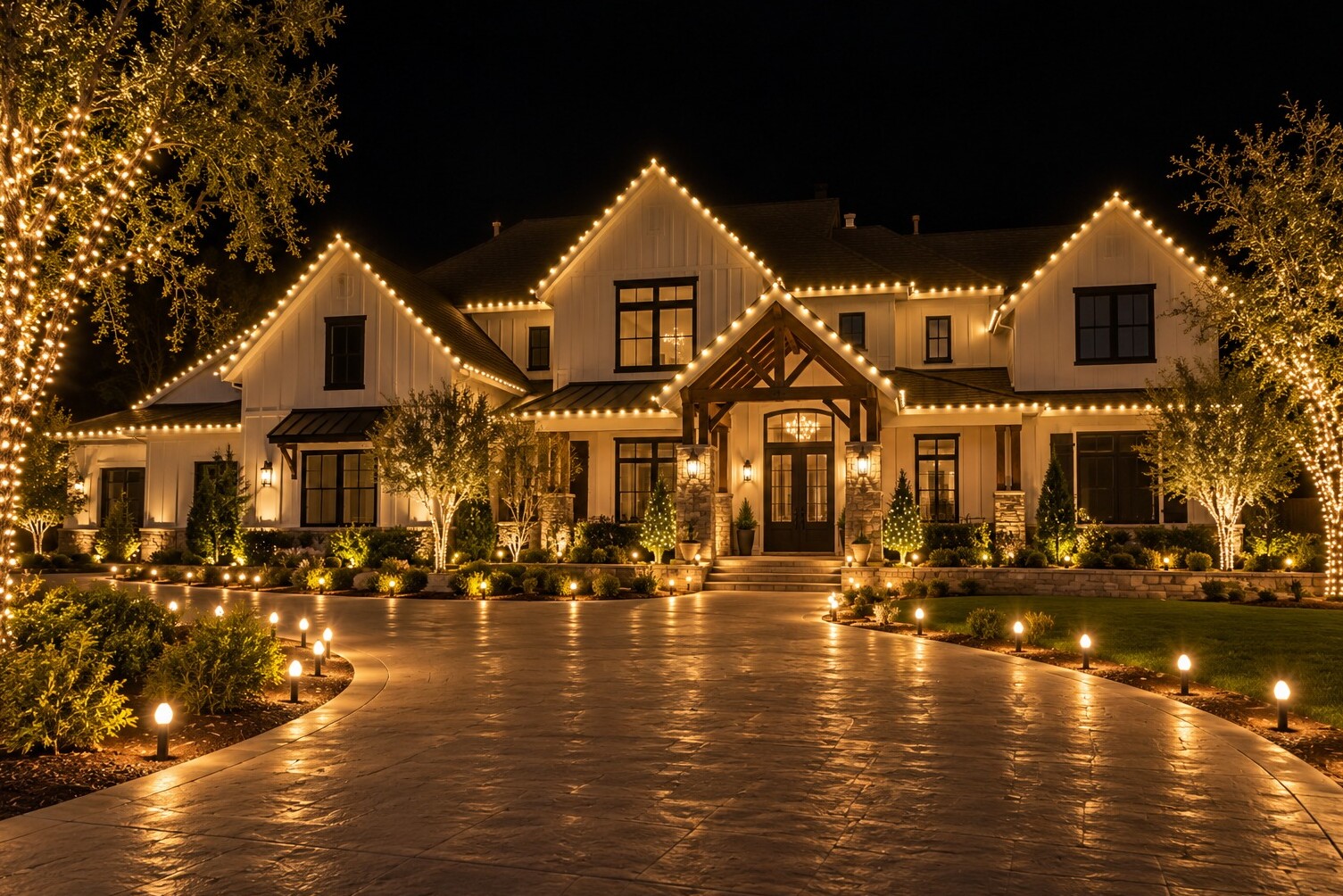 Christmas light company in Fair Oaks, CA: grand modern farmhouse three gables driveway stakes warm white