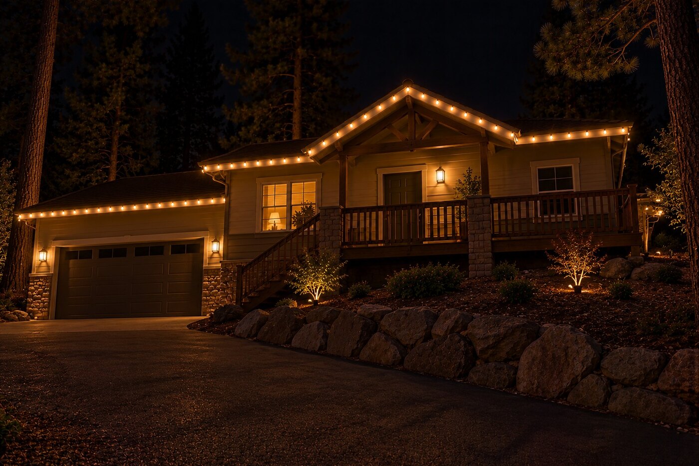 Christmas light company in Orangevale, CA: tract home warm white roofline