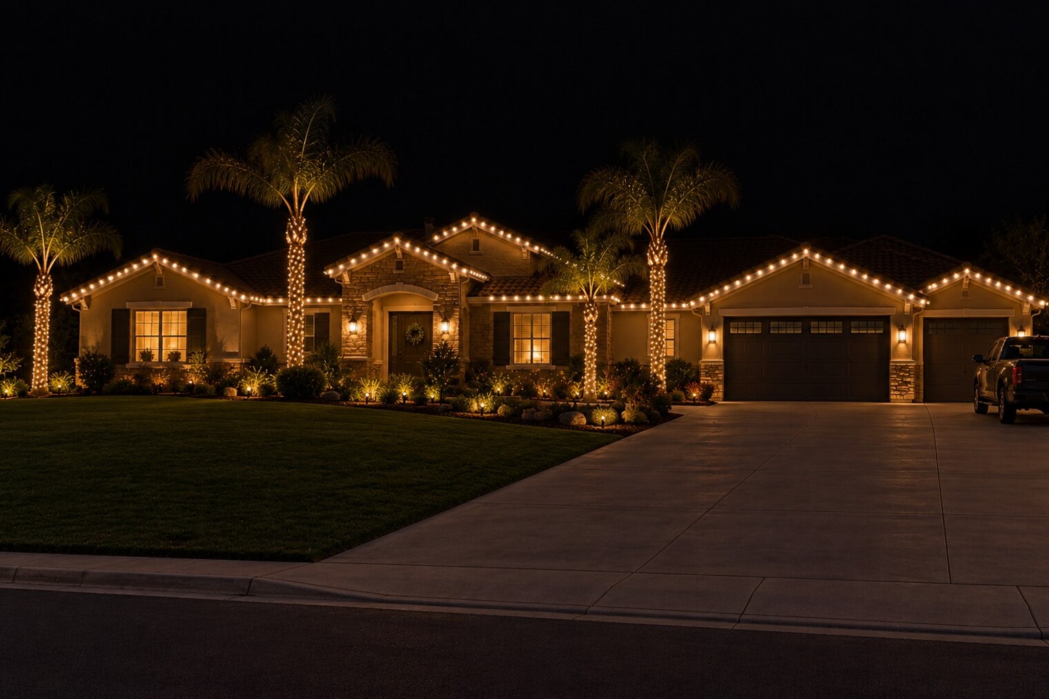 Christmas light company in Roseville, CA: foothill estate palms warm white