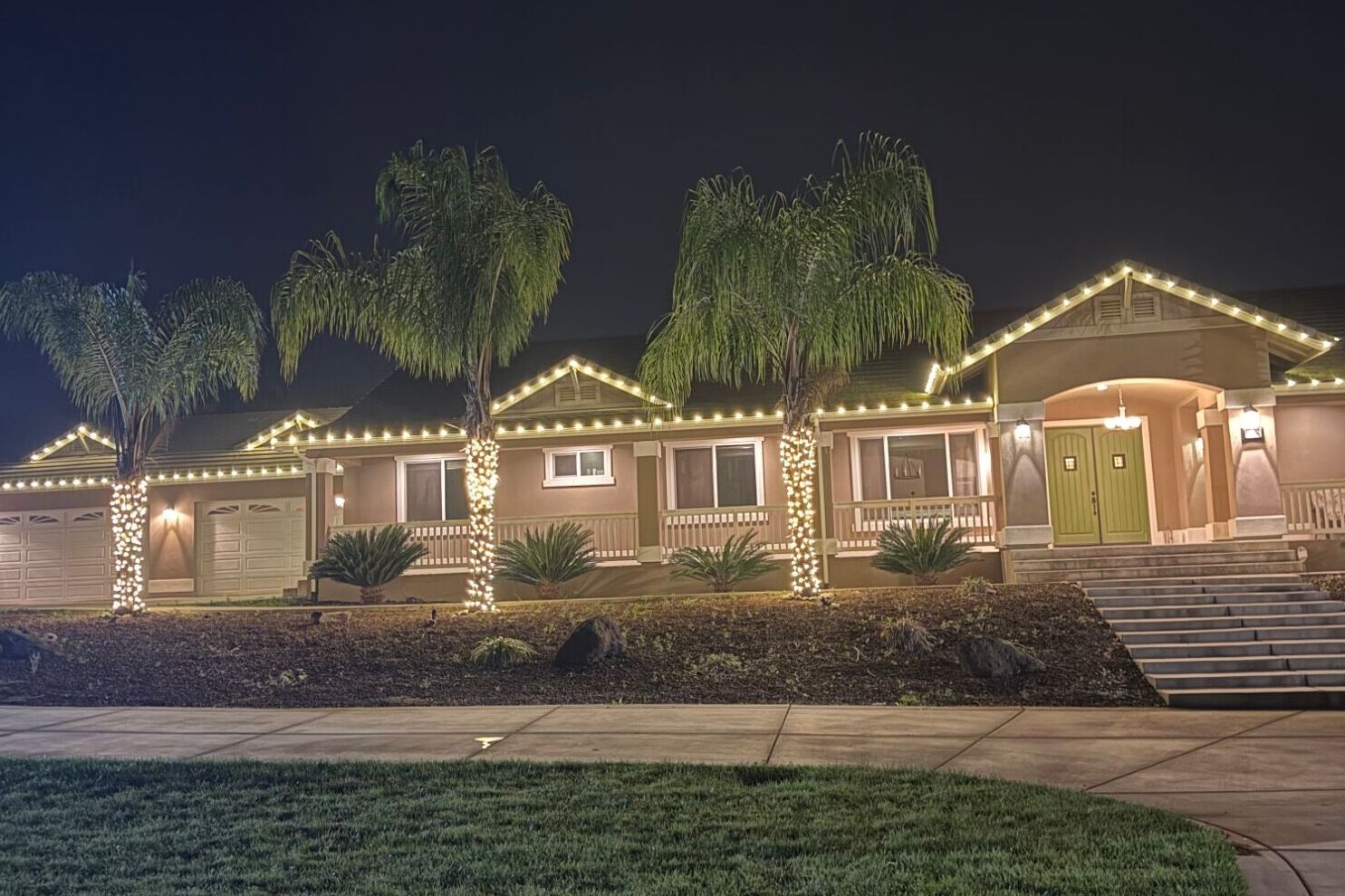 Christmas light company in Roseville, CA: ranch home warm white roofline palm wraps front