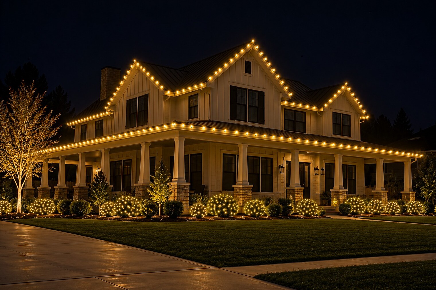 Christmas light company in Sacramento, CA: farmhouse wraparound porch c9 warm white