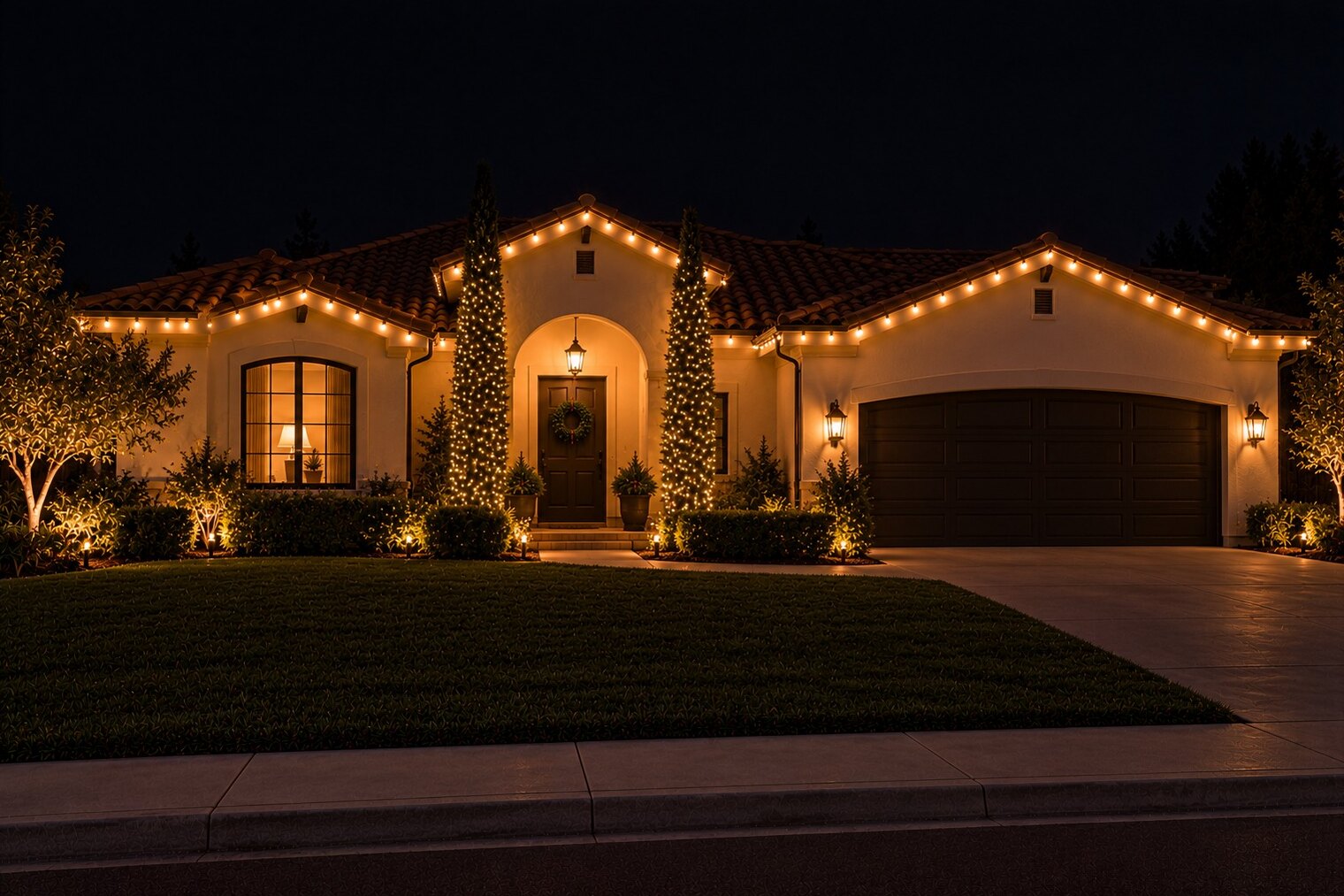 Christmas light hanging in Auburn, CA: tract home warm white roofline