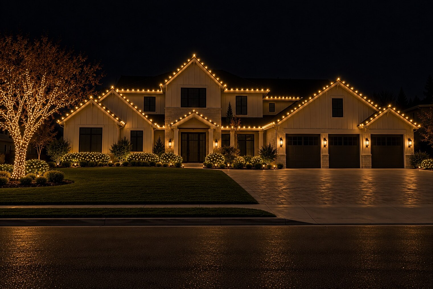 Christmas light hanging in Lincoln, CA: grand modern farmhouse estate c9 warm white