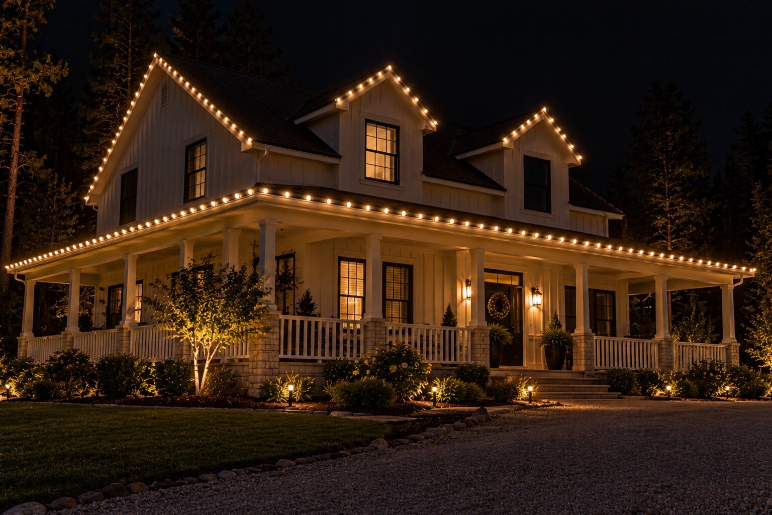 Christmas light hanging in Roseville, CA: farmhouse wraparound porch warm white