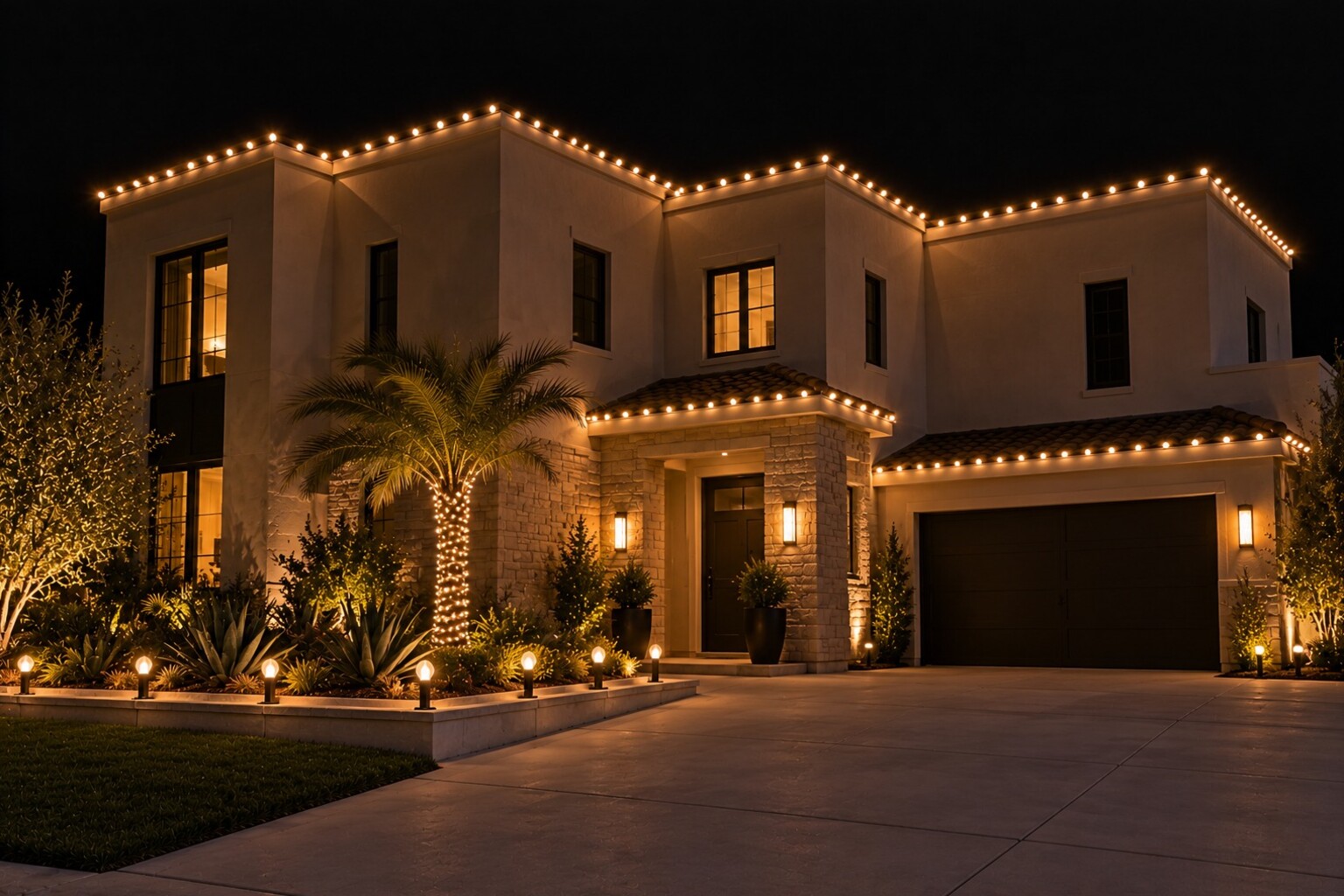 Christmas light hanging in Roseville, CA: modern parapet warm white agave