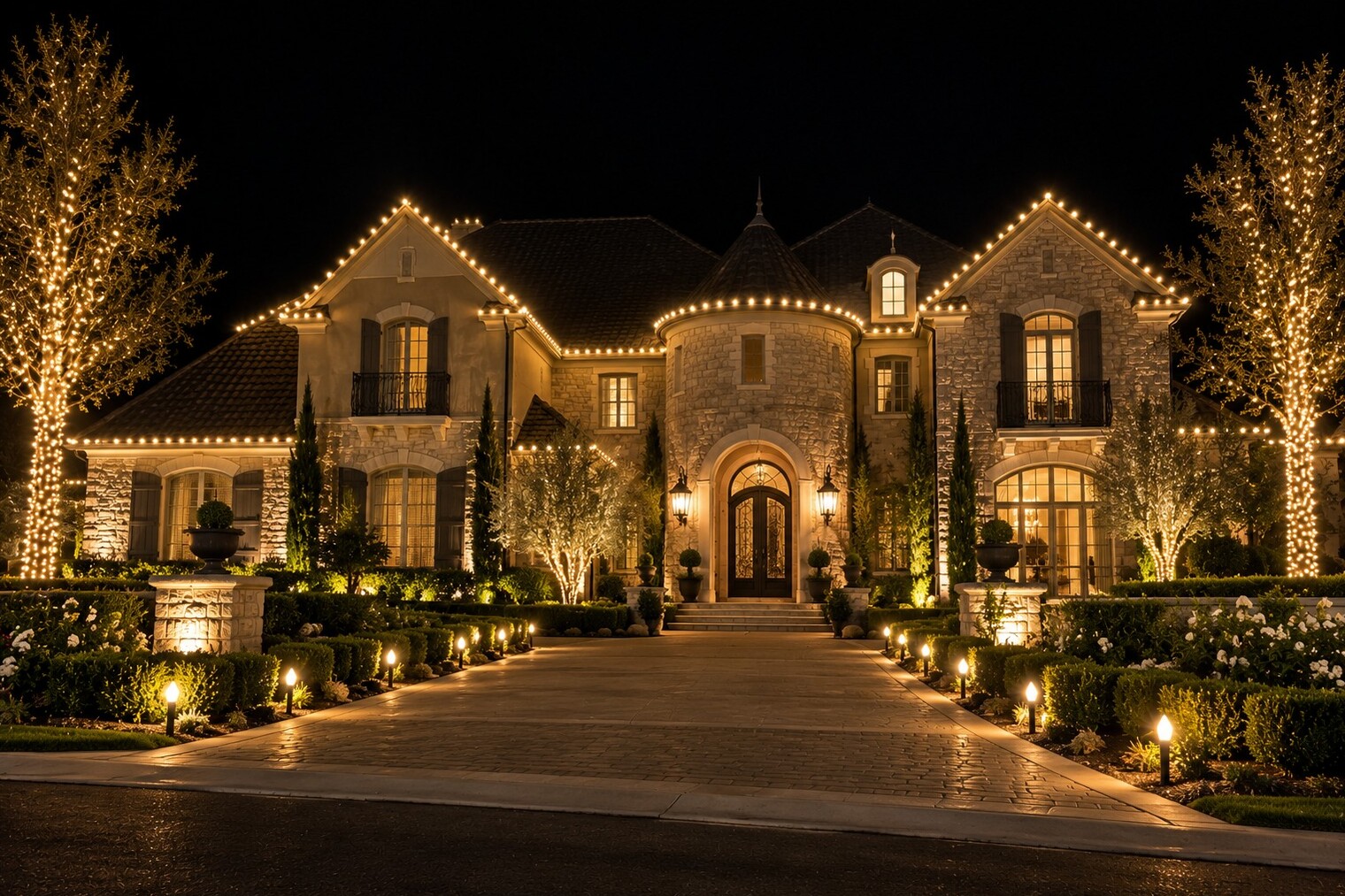 Christmas light installation in Auburn, CA: grand french country estate stone turret warm white