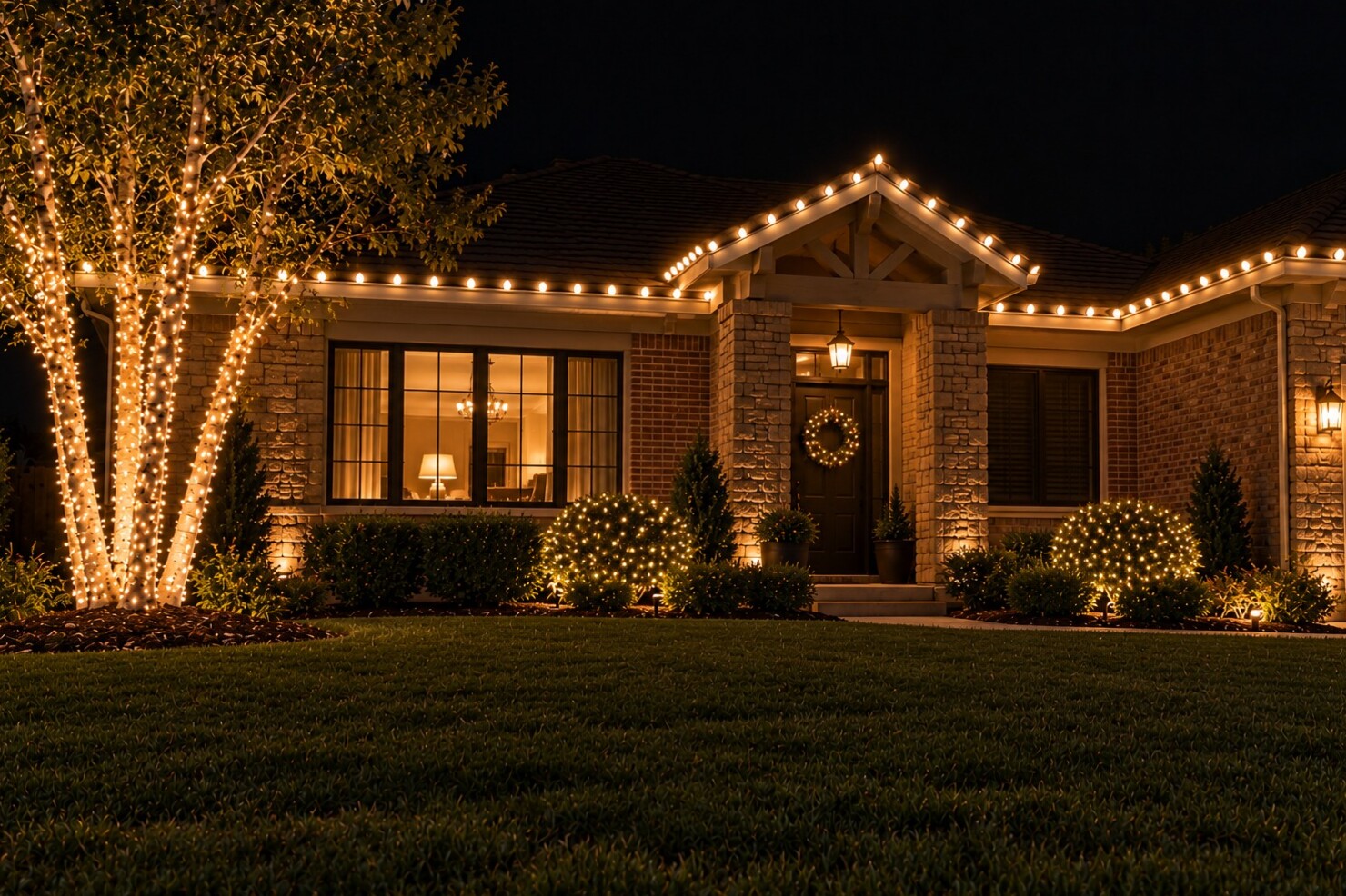 Christmas light installation in Auburn, CA: single brick warm white birches