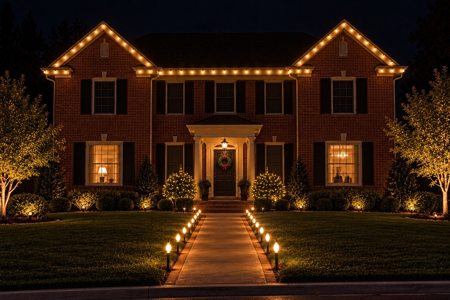 Christmas light installation in Fair Oaks, CA: brick colonial warm white stakes