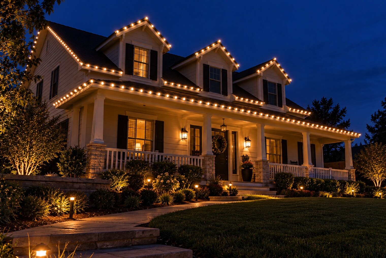 Christmas light installation in Lincoln, CA: porch house warm white dormers dusk