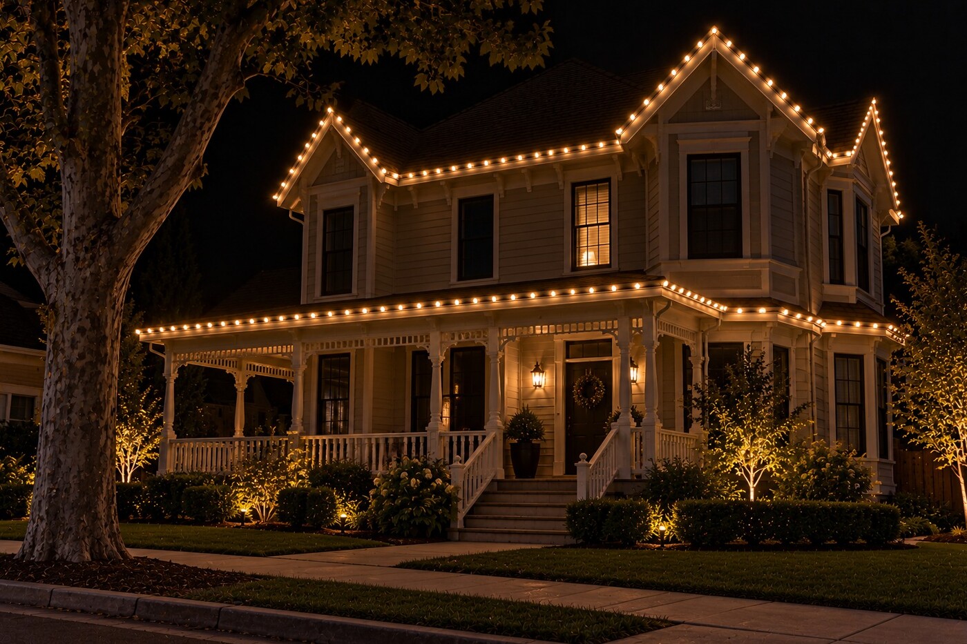 Christmas light installation in Roseville, CA: victorian downtown warm white