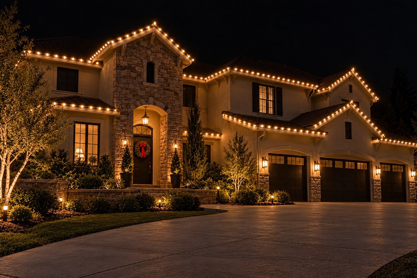 Christmas light installers in Auburn, CA: stone tower entry warm white wreath