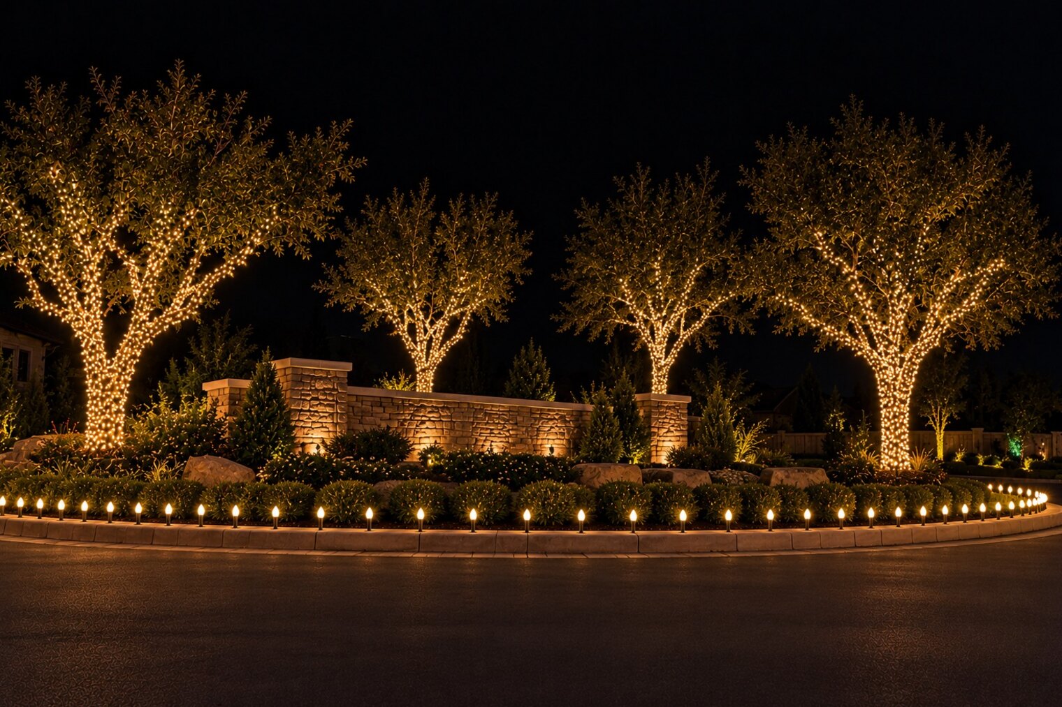 Christmas light installers in Roseville, CA: hoa entrance warm white trees