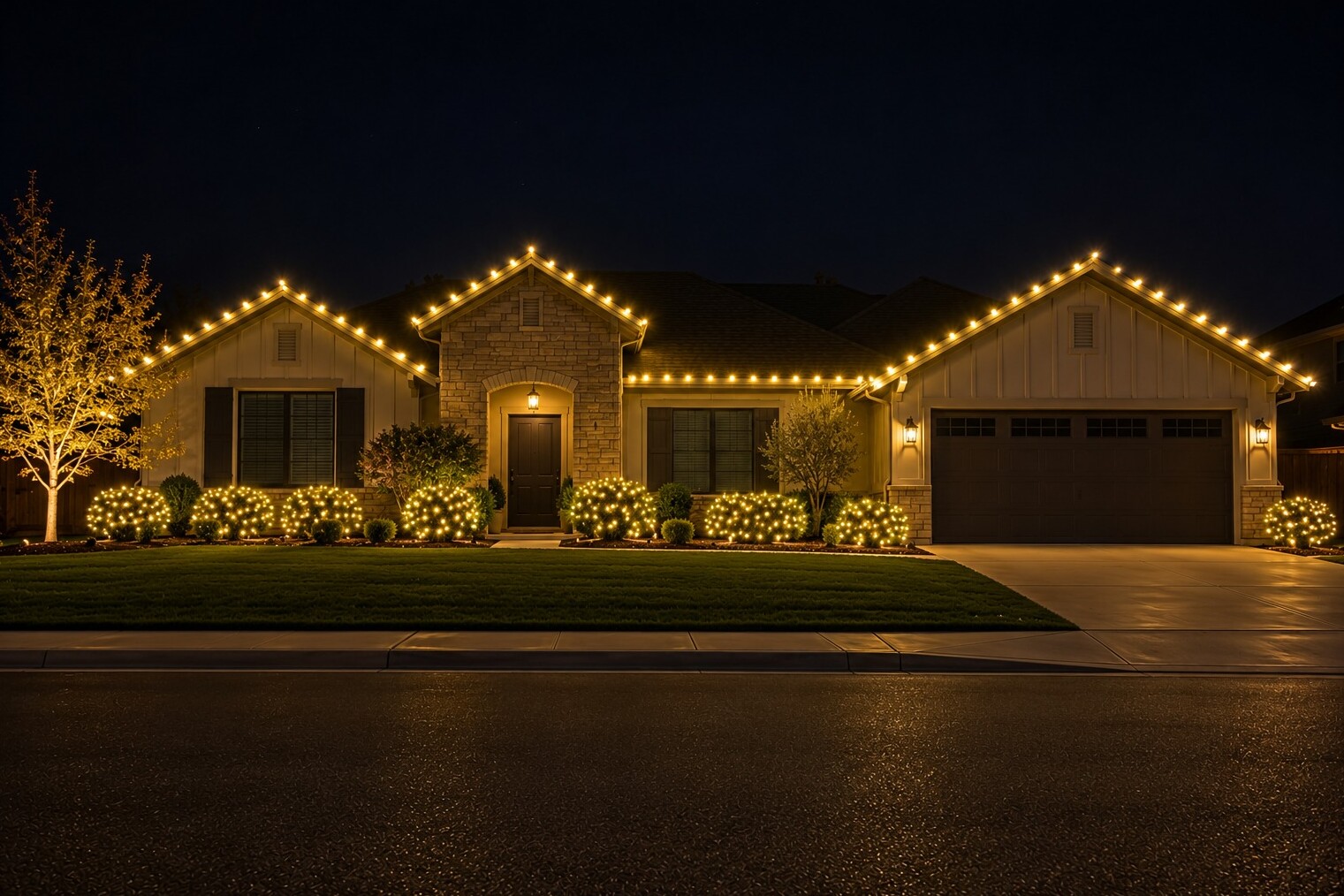 Christmas light installers in Roseville, CA: ranch three gables c9 warm white