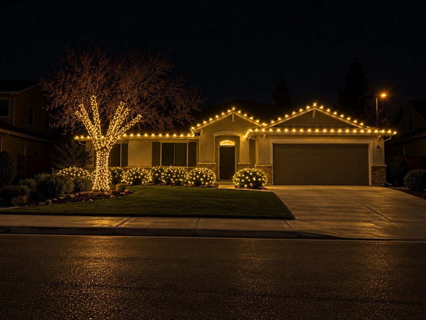 Christmas light installers in Roseville, CA: street view lit ranch c9 warm white