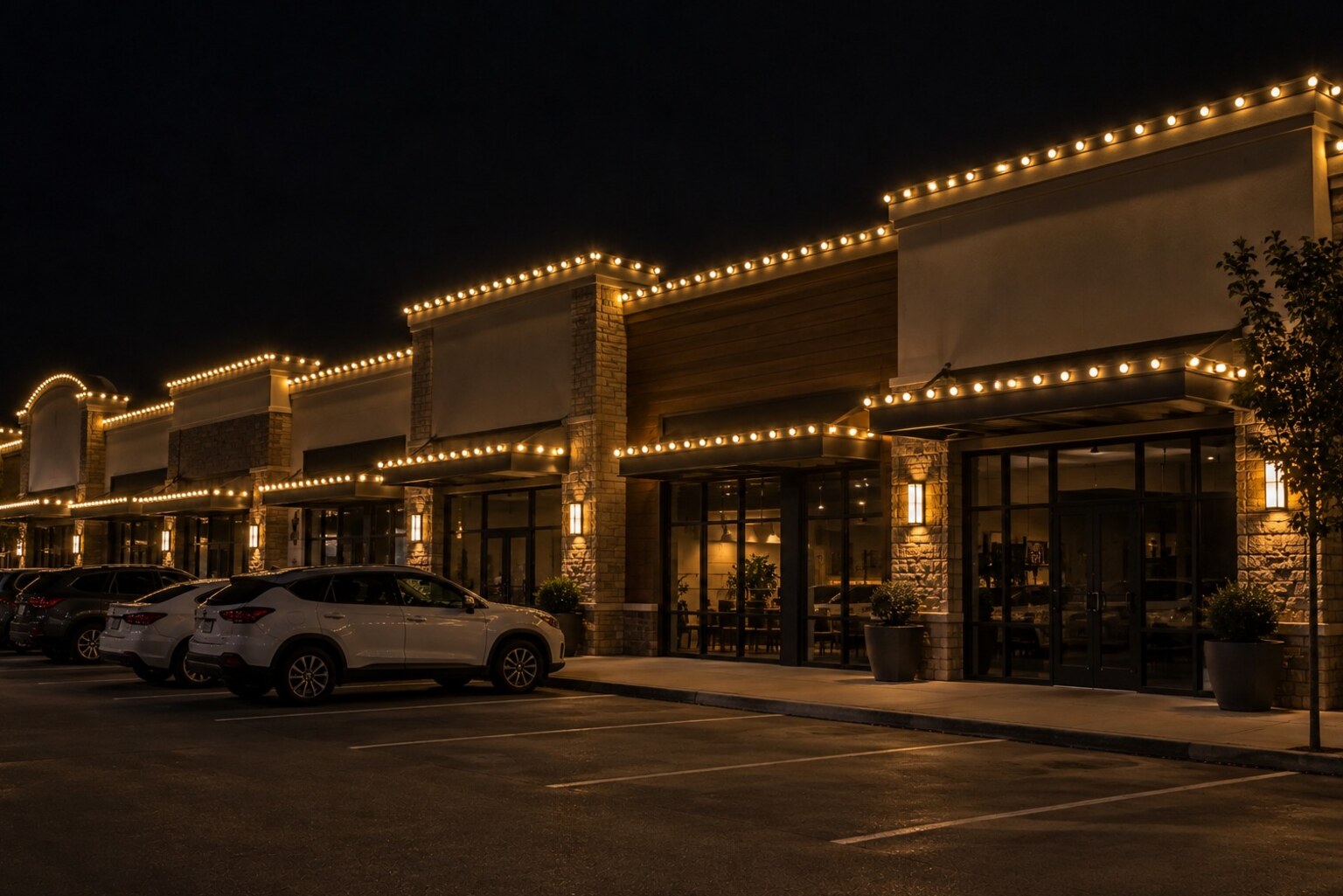 Christmas light service in Auburn, CA: commercial storefronts warm white
