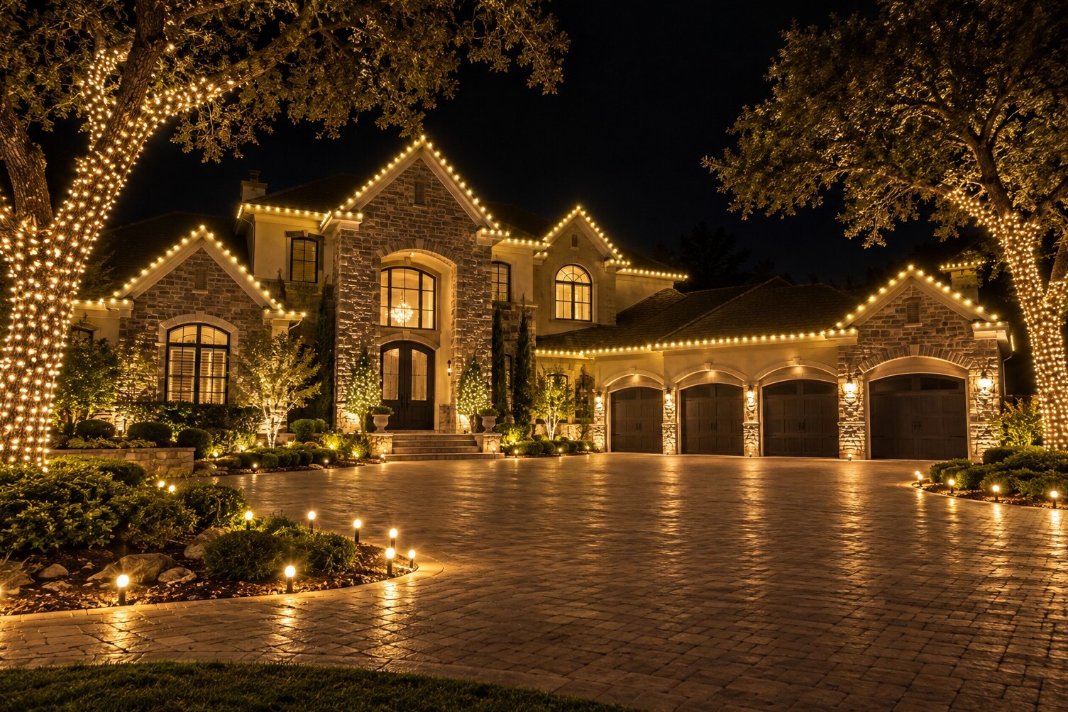 Christmas light service in Auburn, CA: grand stone estate four car garage wrapped oaks warm white