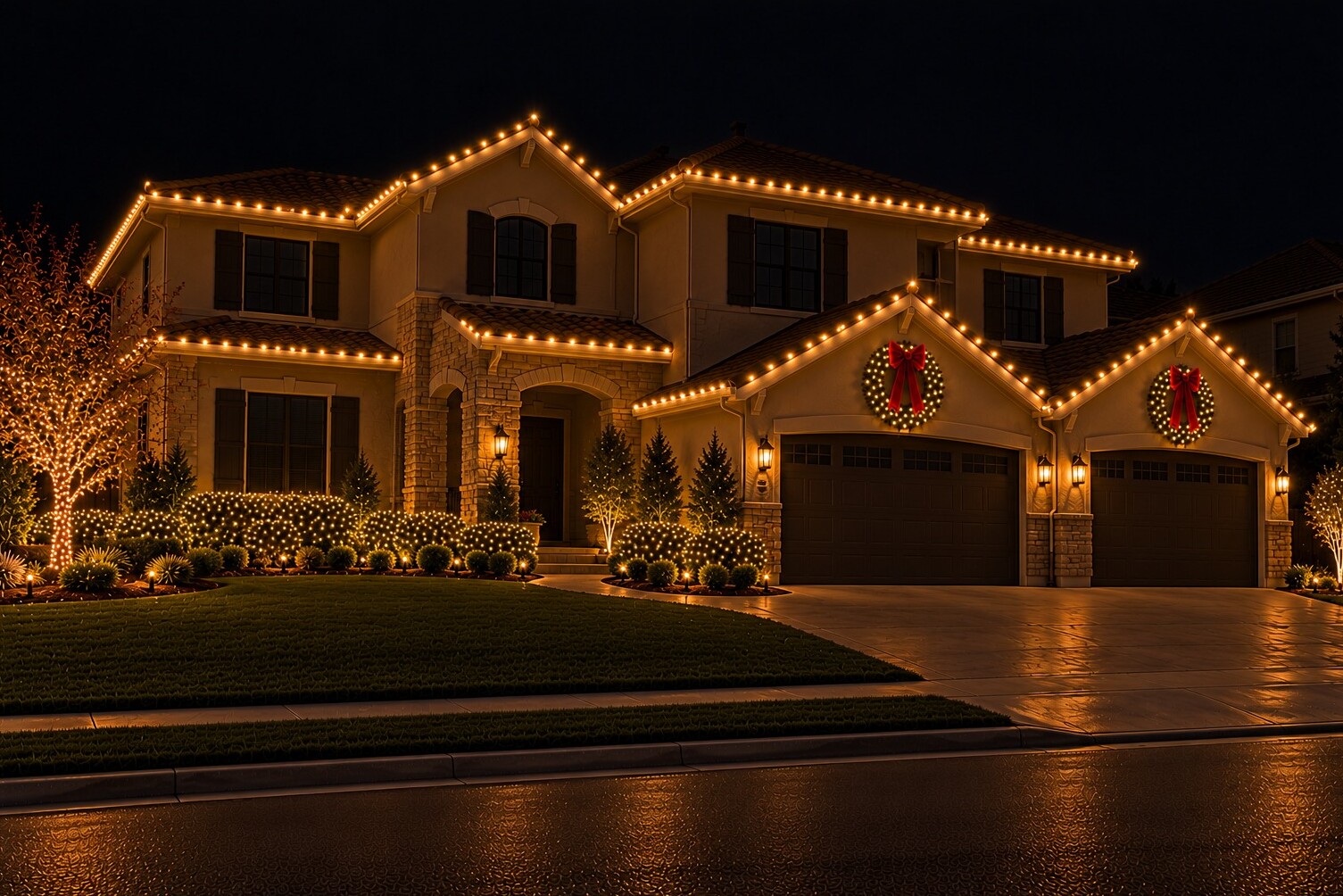 Christmas light service in Auburn, CA: two story garage door wreaths c9 warm white