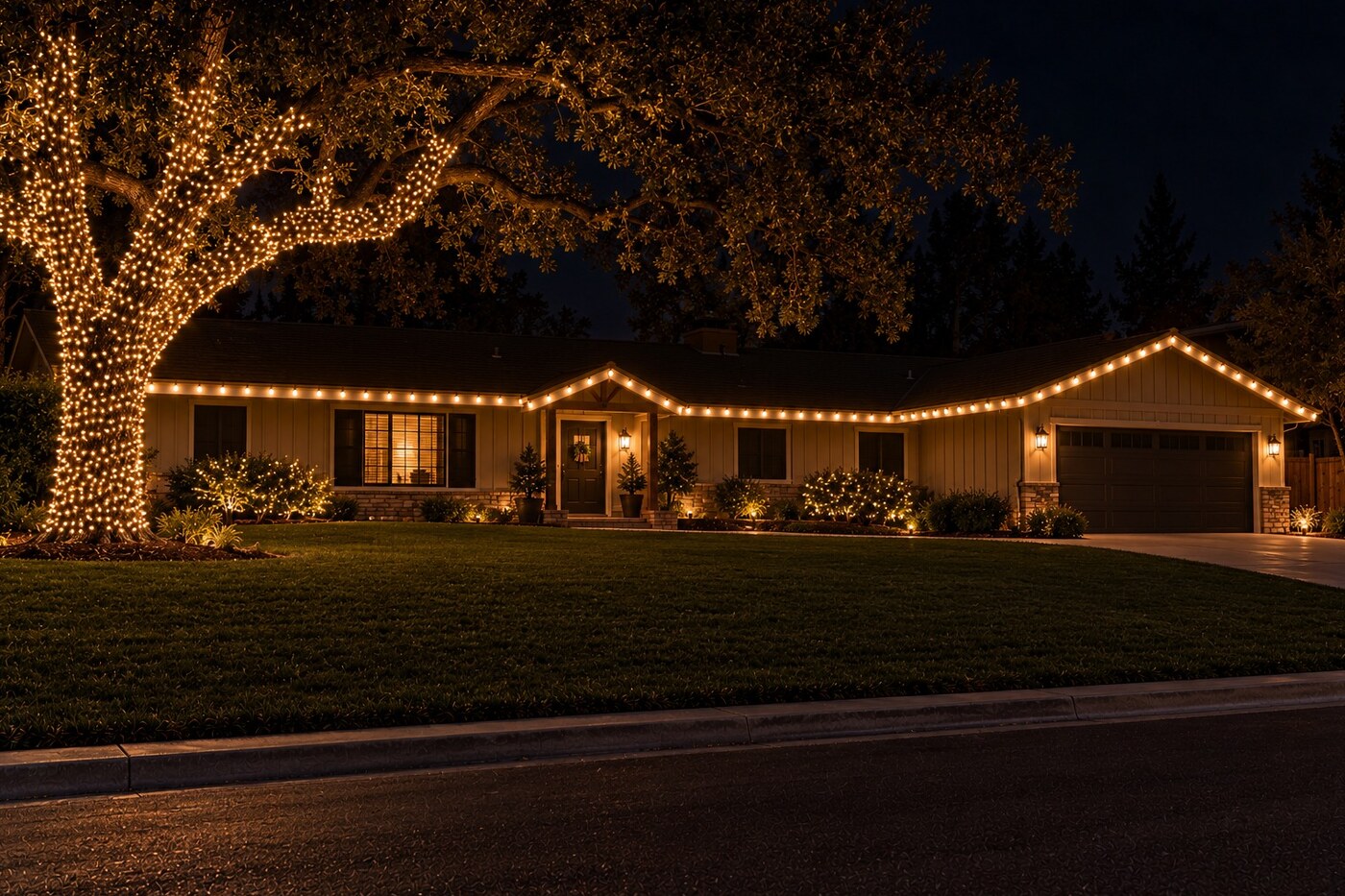 Christmas light service in Fair Oaks, CA: ranch long warm white oak wrap