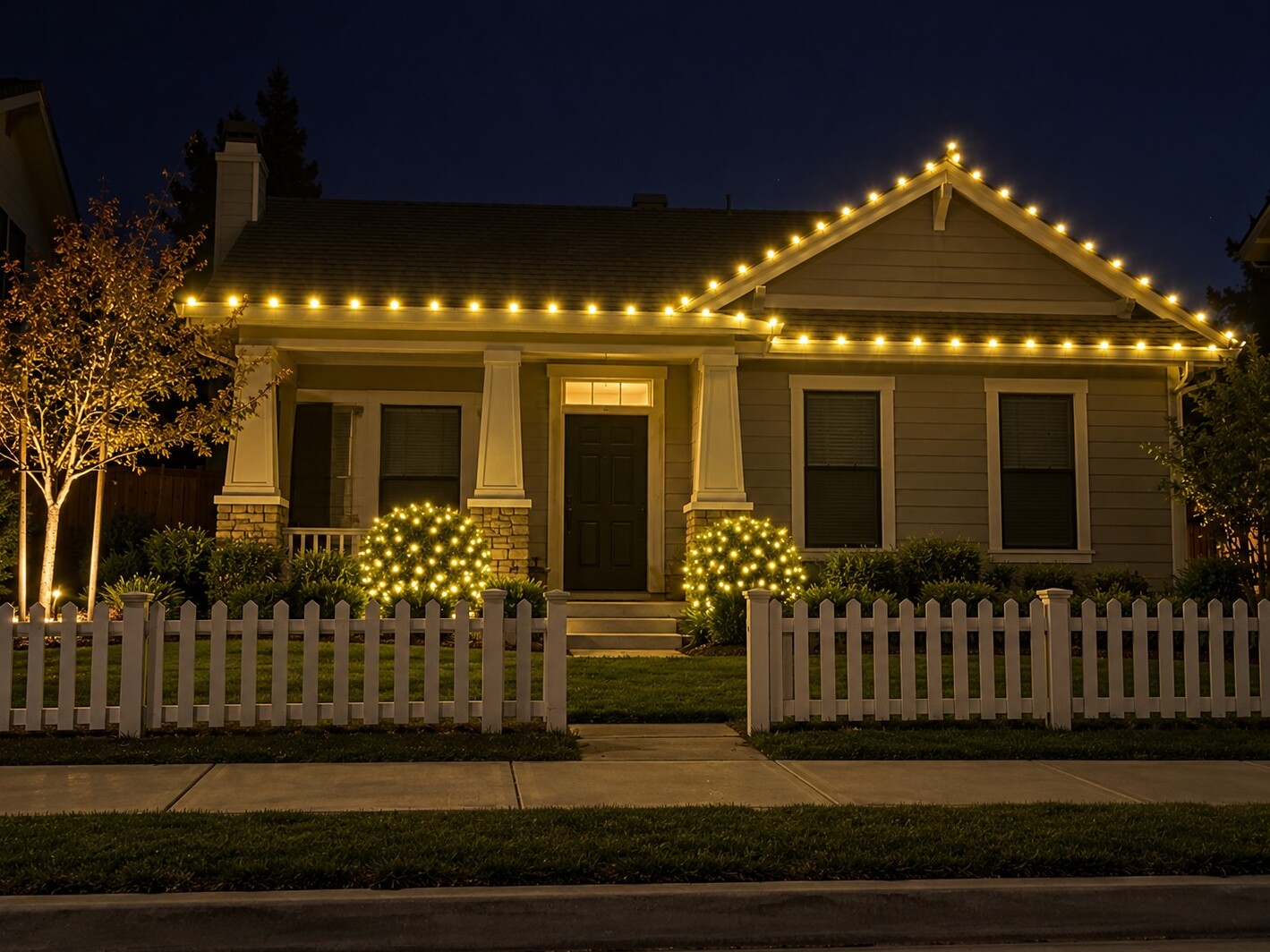 Christmas light service in Granite Bay, CA: cottage picket fence c9 warm white