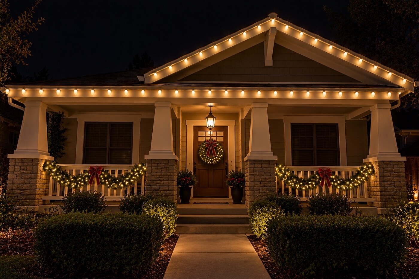 Christmas light service in Granite Bay, CA: craftsman bungalow porch garland door wreath warm white