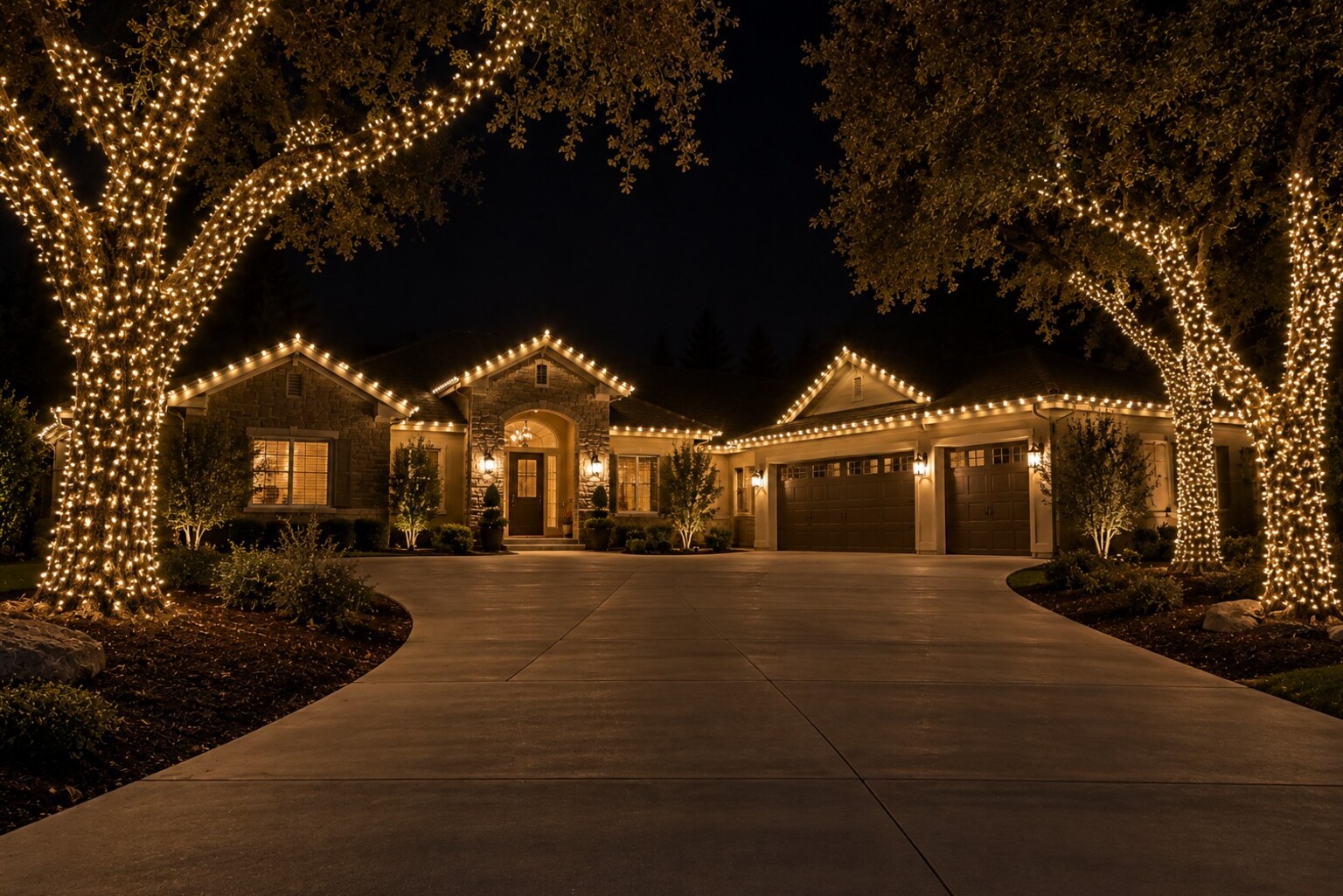 Christmas light service in Lincoln, CA: custom three car warm white oaks driveway