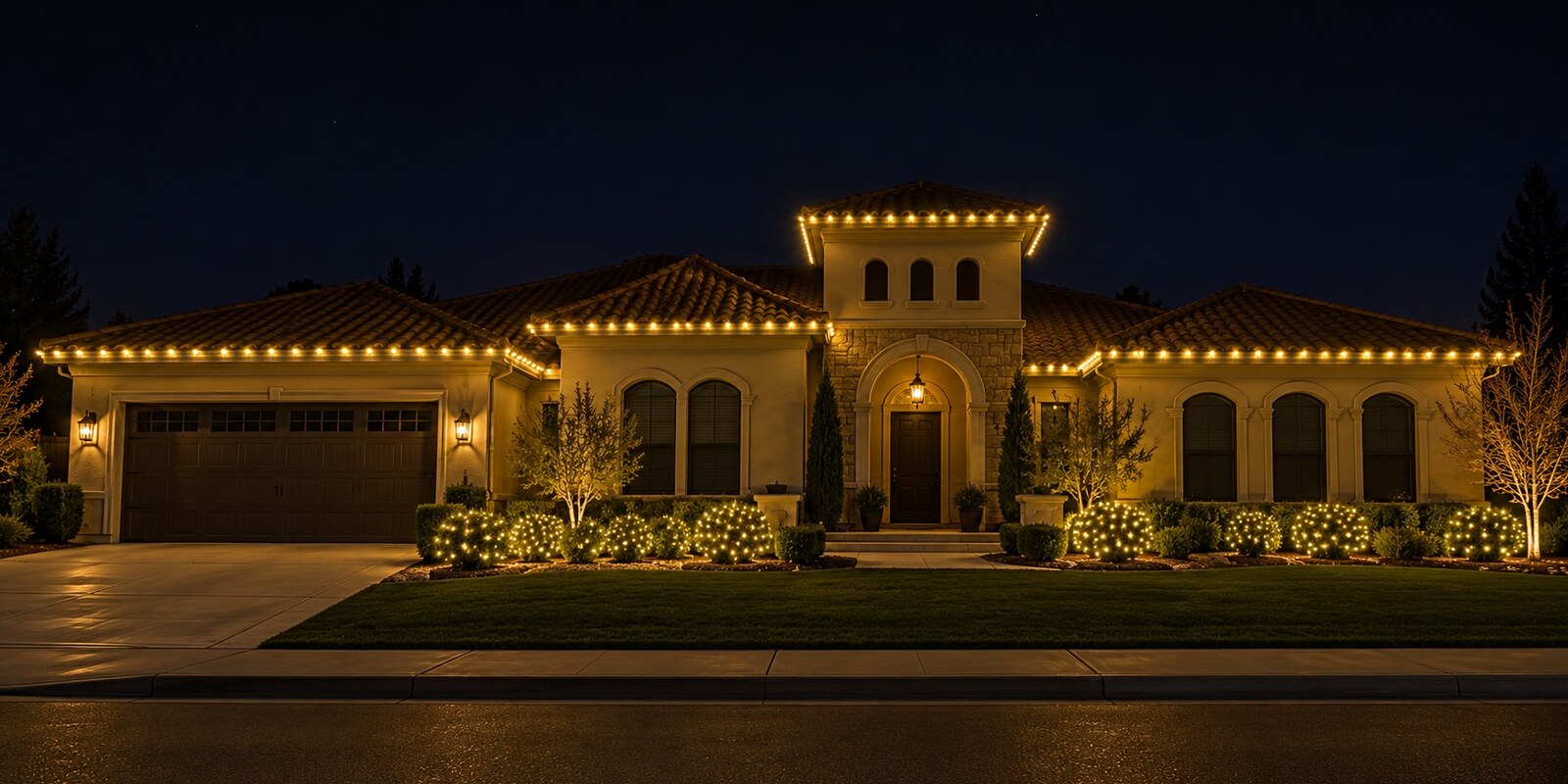 Christmas light service in Sacramento, CA: mediterranean tower eave c9 warm white