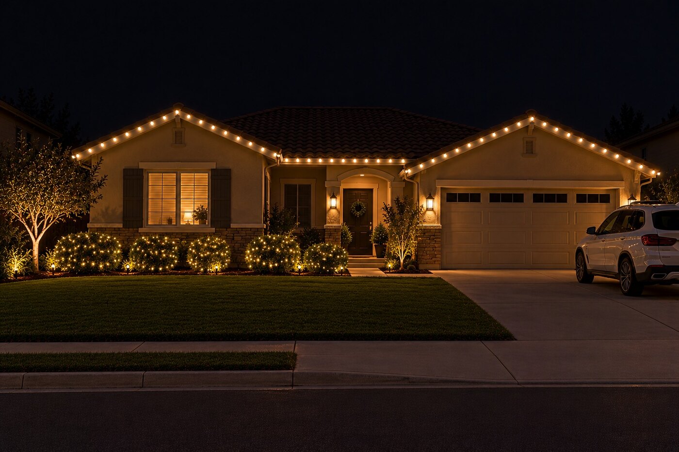Christmas light service in Sacramento, CA: tract single warm white bushes
