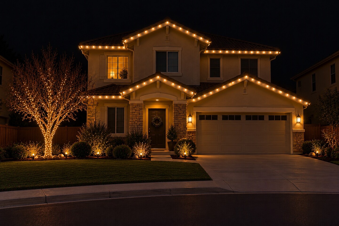 Christmas lights in Fair Oaks, CA: culdesac two story warm white myrtle