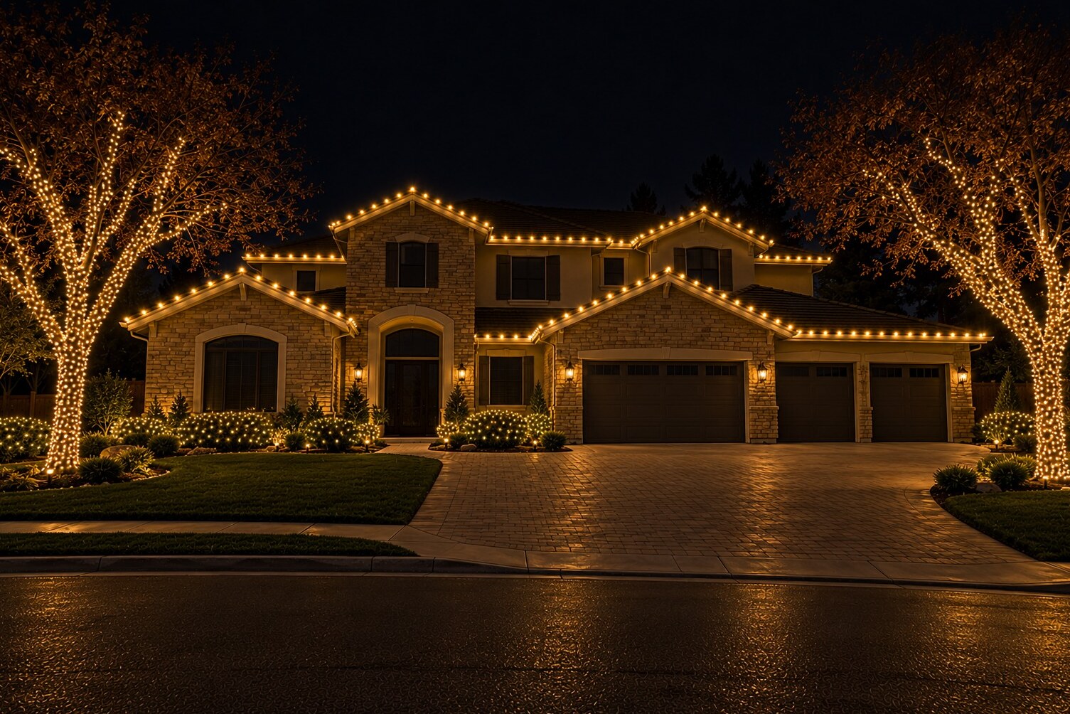 Christmas lights in Fair Oaks, CA: grand stone stucco estate wrapped oaks c9 warm white