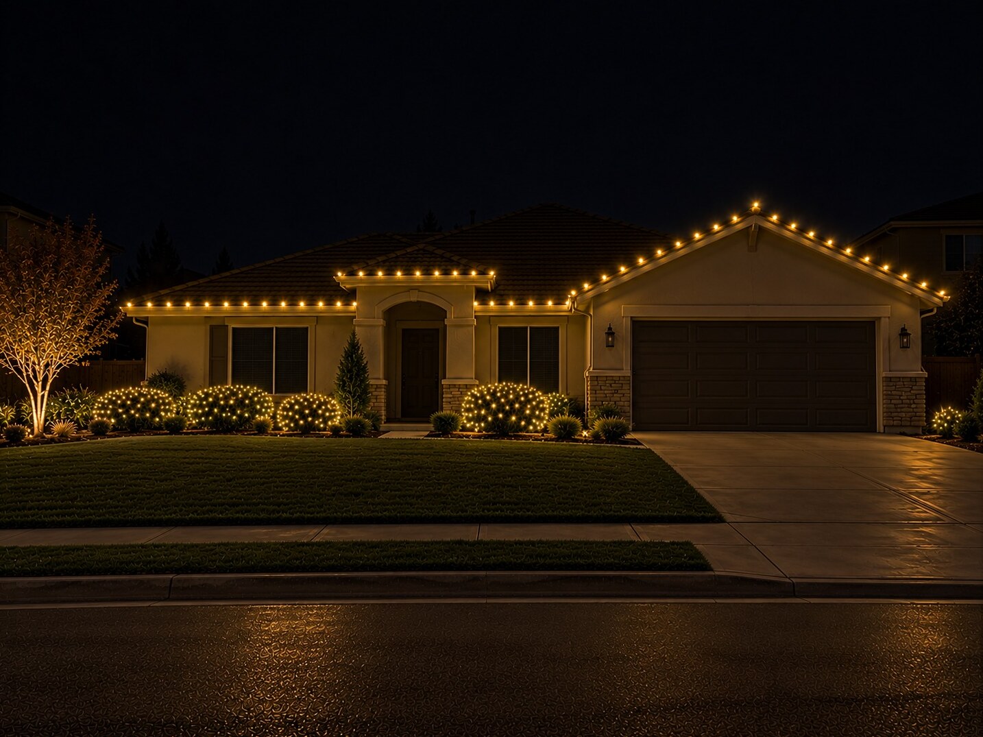 Christmas lights in Fair Oaks, CA: stucco ranch c9 roofline dark windows warm white