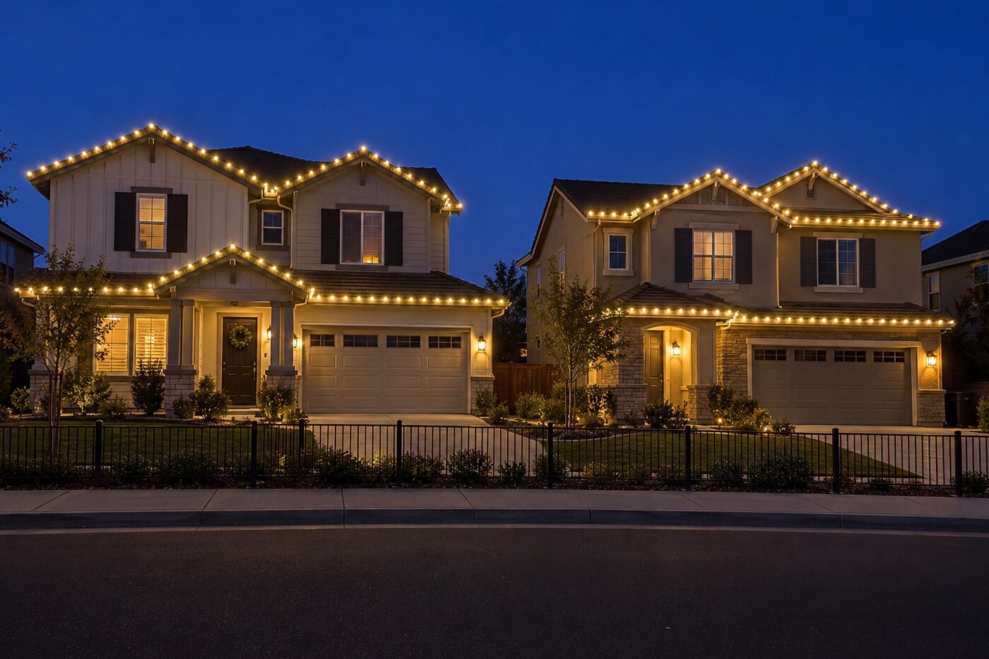Christmas lights in Fair Oaks, CA: two homes street warm white bluehour