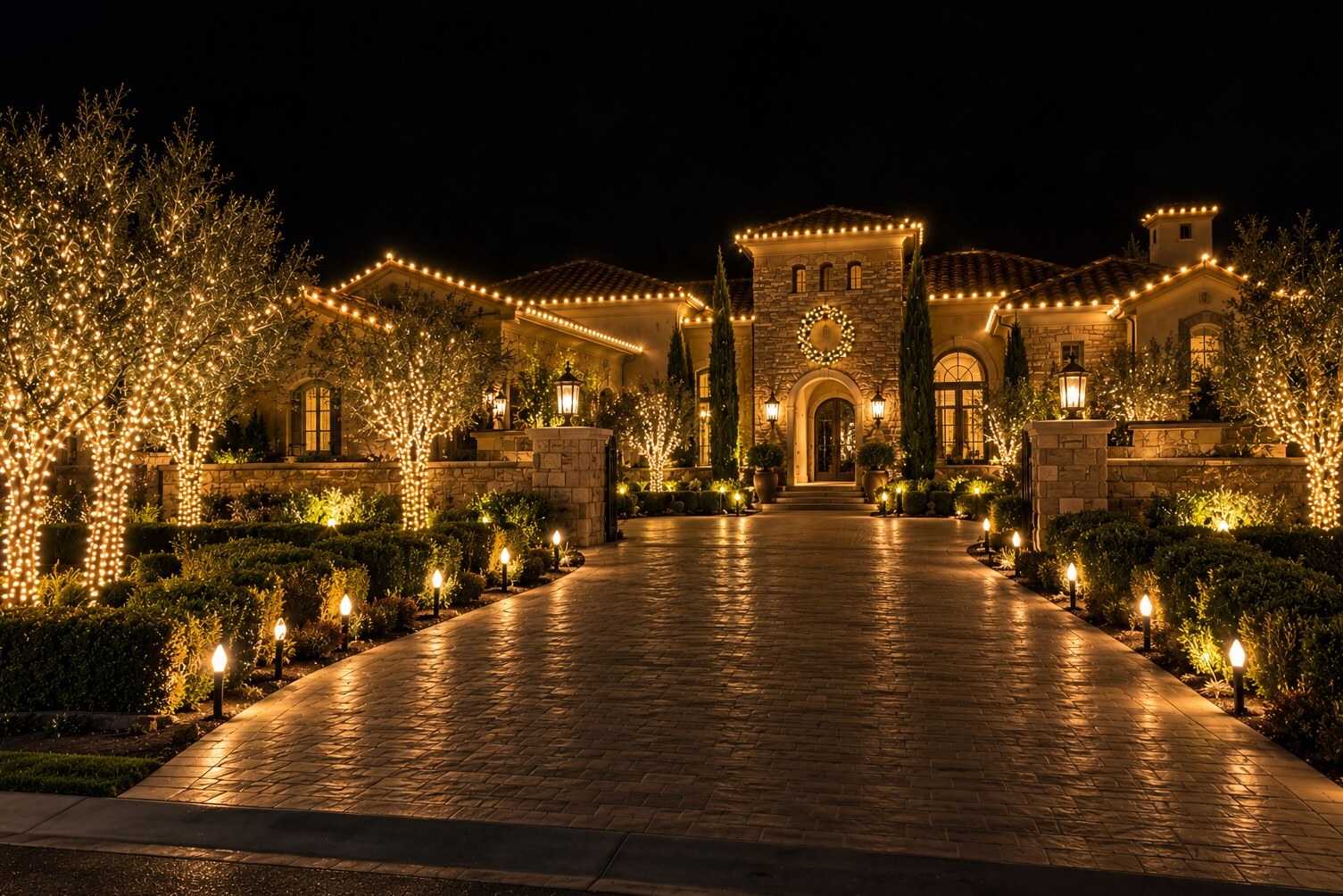 Christmas lights in Lincoln, CA: grand tuscan estate stone entry tower wreath olive trees warm white