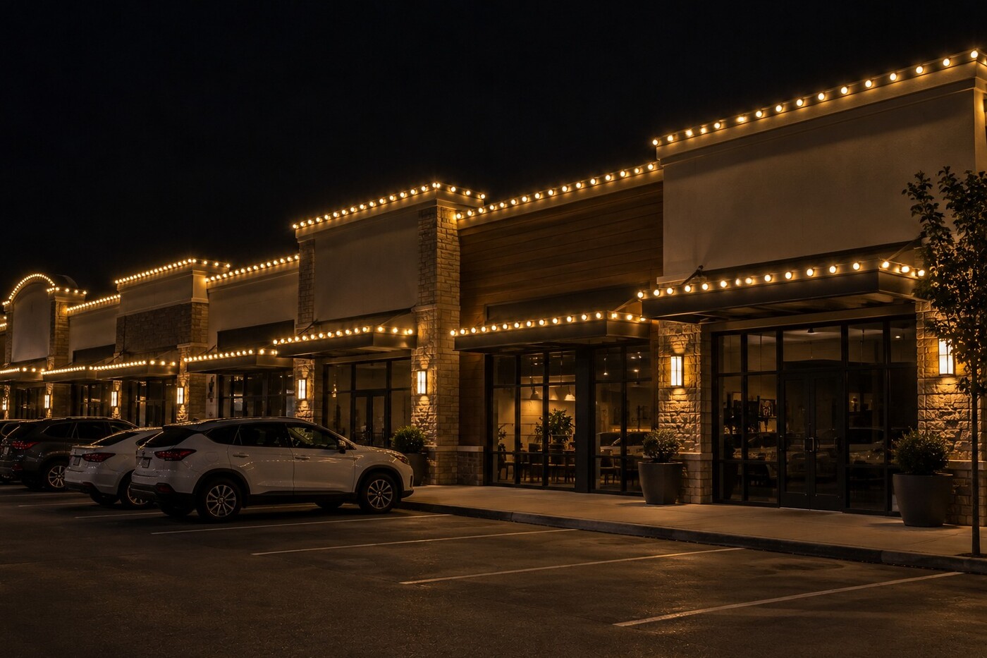 Christmas lights in Roseville, CA: commercial storefronts warm white