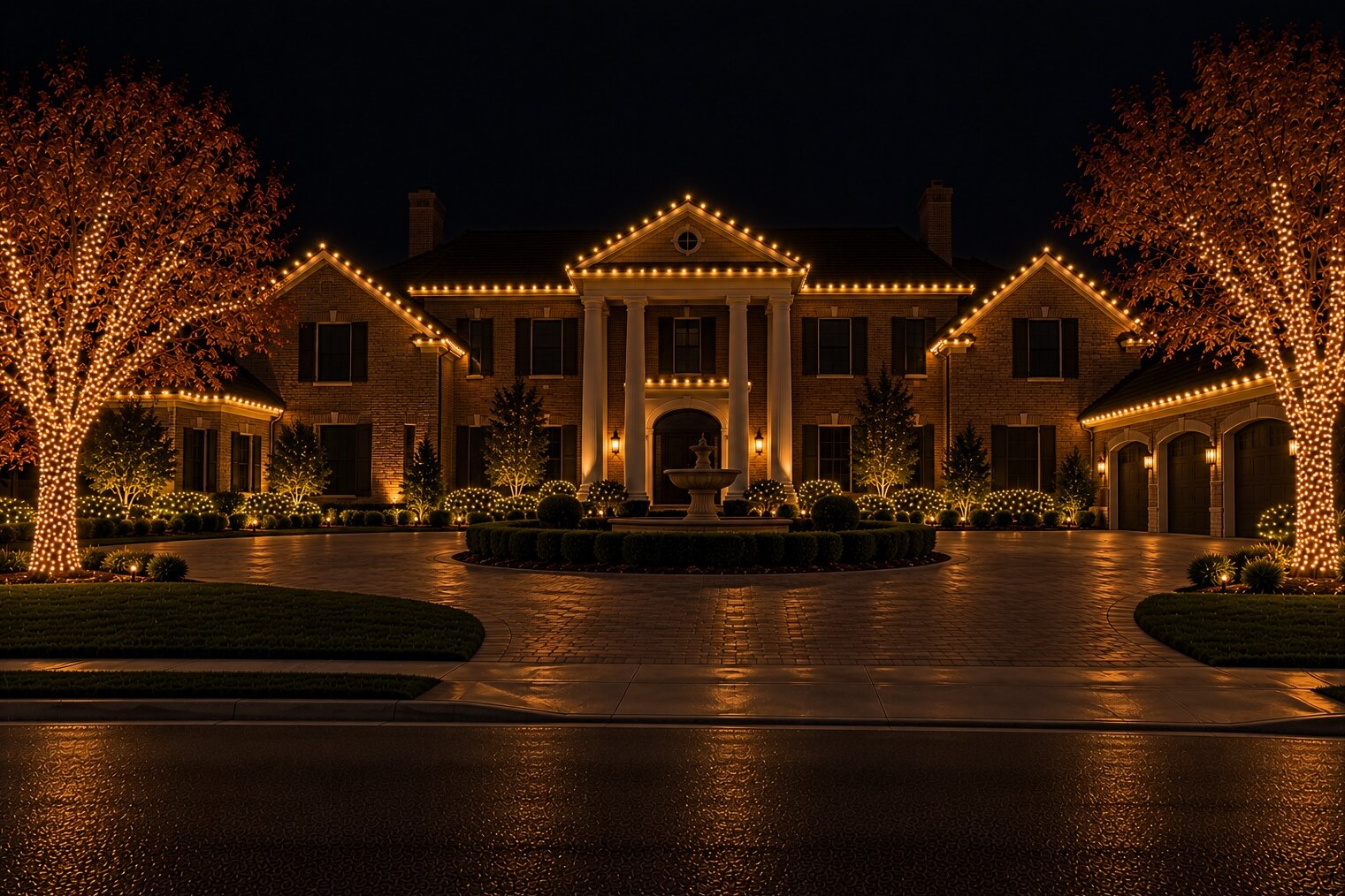Holiday light installation in Auburn, CA: grand brick portico fountain estate c9 warm white