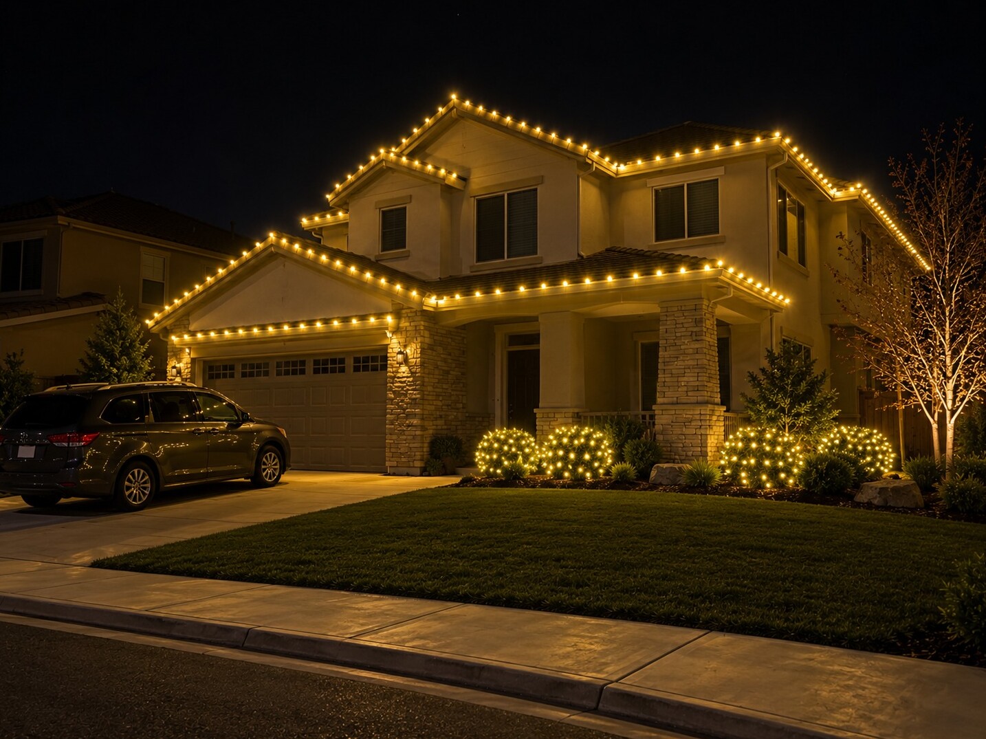 Holiday light installation in Fair Oaks, CA: two story stone entry c9 warm white