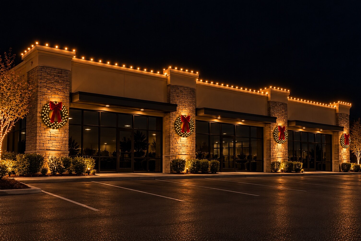 Holiday light installation in Roseville, CA: commercial storefronts parapet wreaths c9 warm white