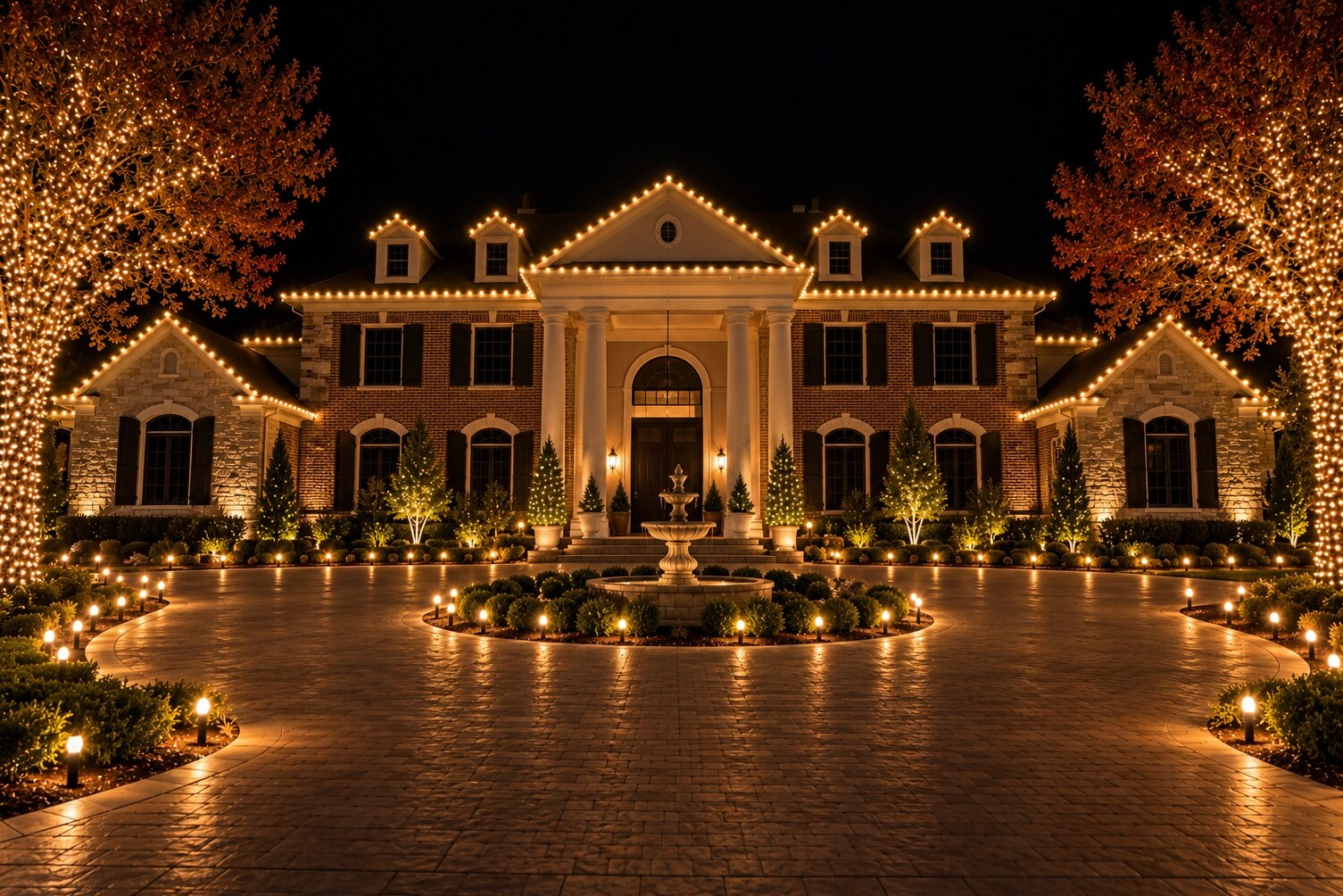 Holiday light installation in Roseville, CA: grand brick estate columned portico fountain wrapped maples warm white