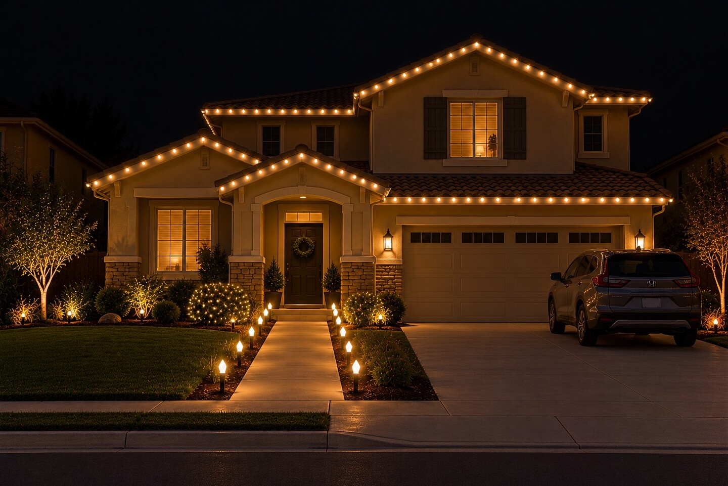 Holiday light installation in Roseville, CA: tract two story warm white stakes