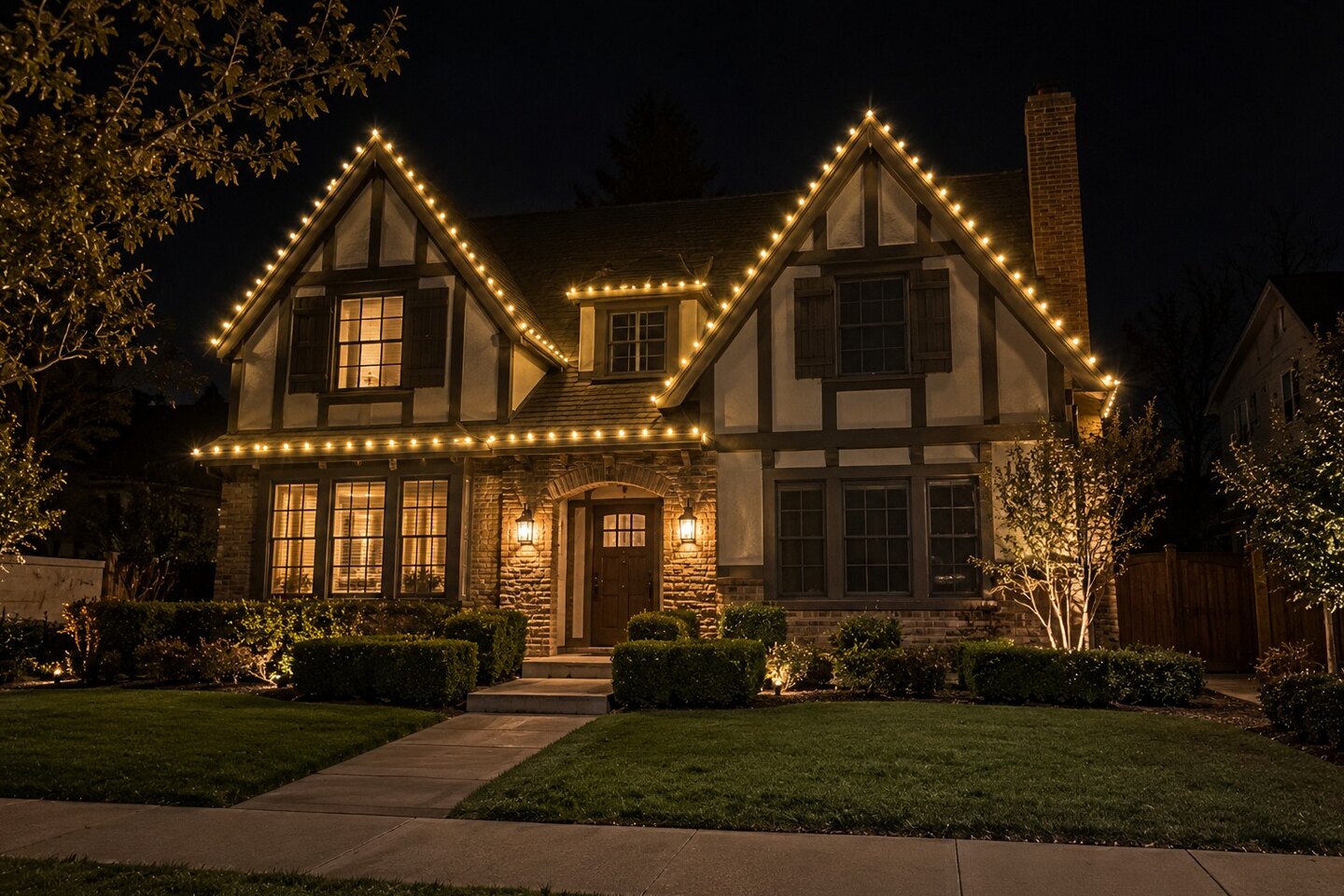Holiday light installation in Roseville, CA: tudor steep gables warm white