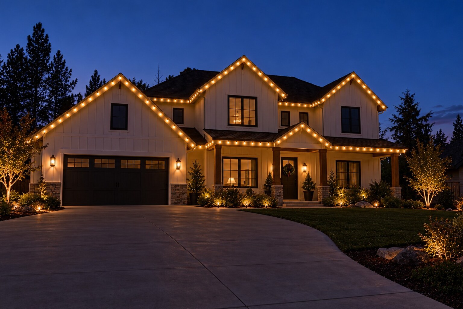 Holiday lighting in Auburn, CA: farmhouse two story warm white bluehour