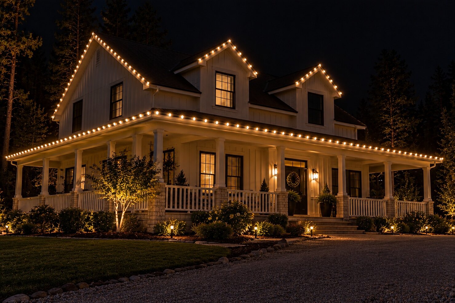 Holiday lighting in Fair Oaks, CA: farmhouse wraparound porch warm white