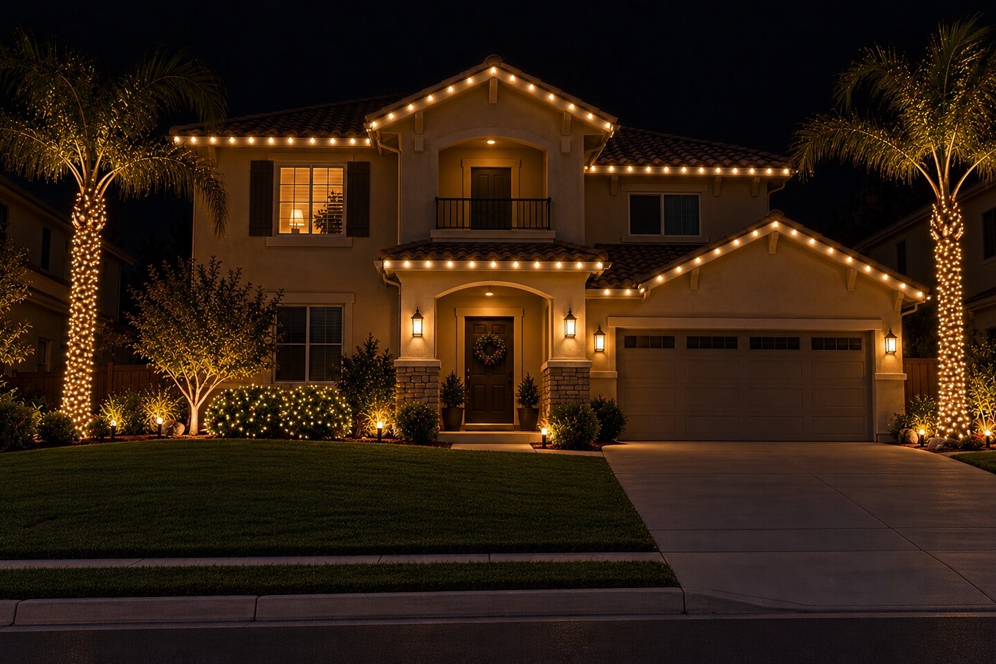 Holiday lighting in Granite Bay, CA: balcony two story warm white palms