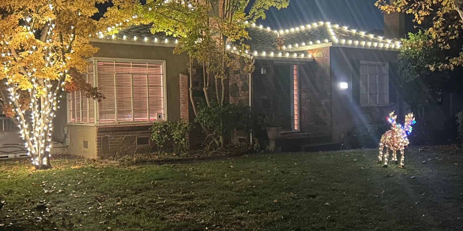 Holiday lighting in Orangevale, CA: farmhouse multicolor dusk
