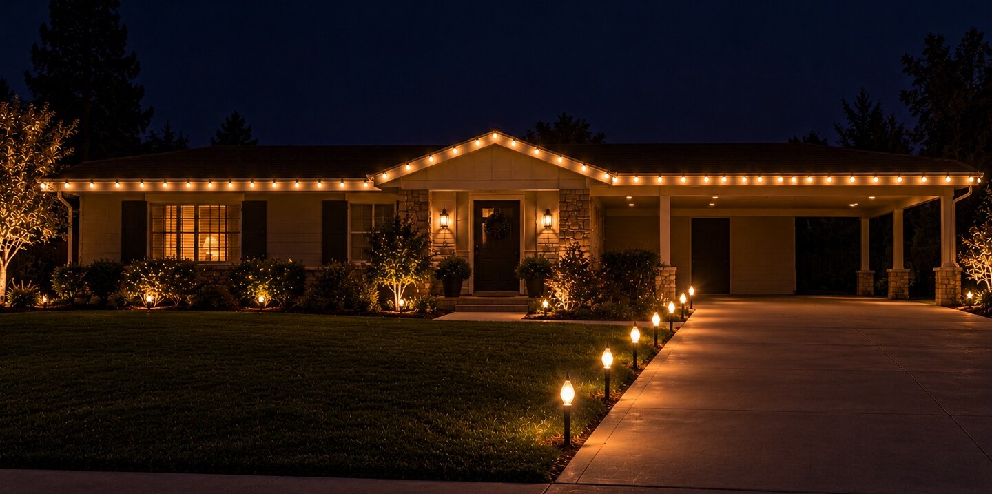 Professional christmas lights in Fair Oaks, CA: ranch carport warm white stakes