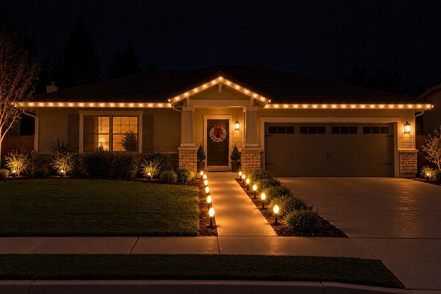 Professional christmas lights in Fair Oaks, CA: ranch home door wreath walkway stakes warm white