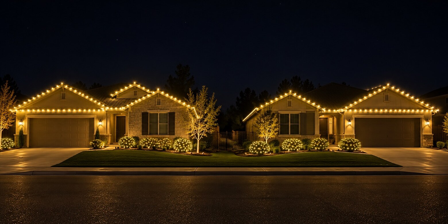 Professional christmas lights in Granite Bay, CA: two neighbor homes street c9 warm white